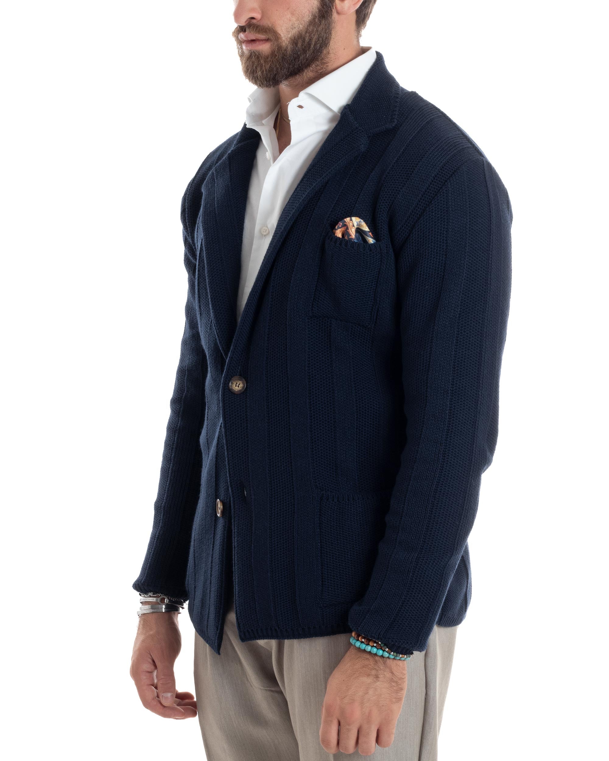 Cardigan Uomo Giacca Con Bottoni Maglia Tramata Maglioncino Lavorato Tinta Unita Casual Blu GIOSAL-M2954A