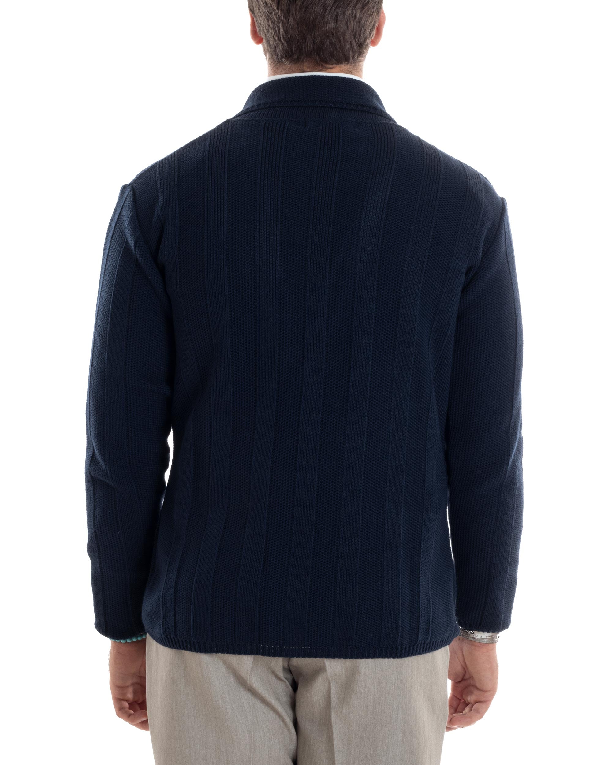 Cardigan Uomo Giacca Con Bottoni Maglia Tramata Maglioncino Lavorato Tinta Unita Casual Blu GIOSAL-M2954A