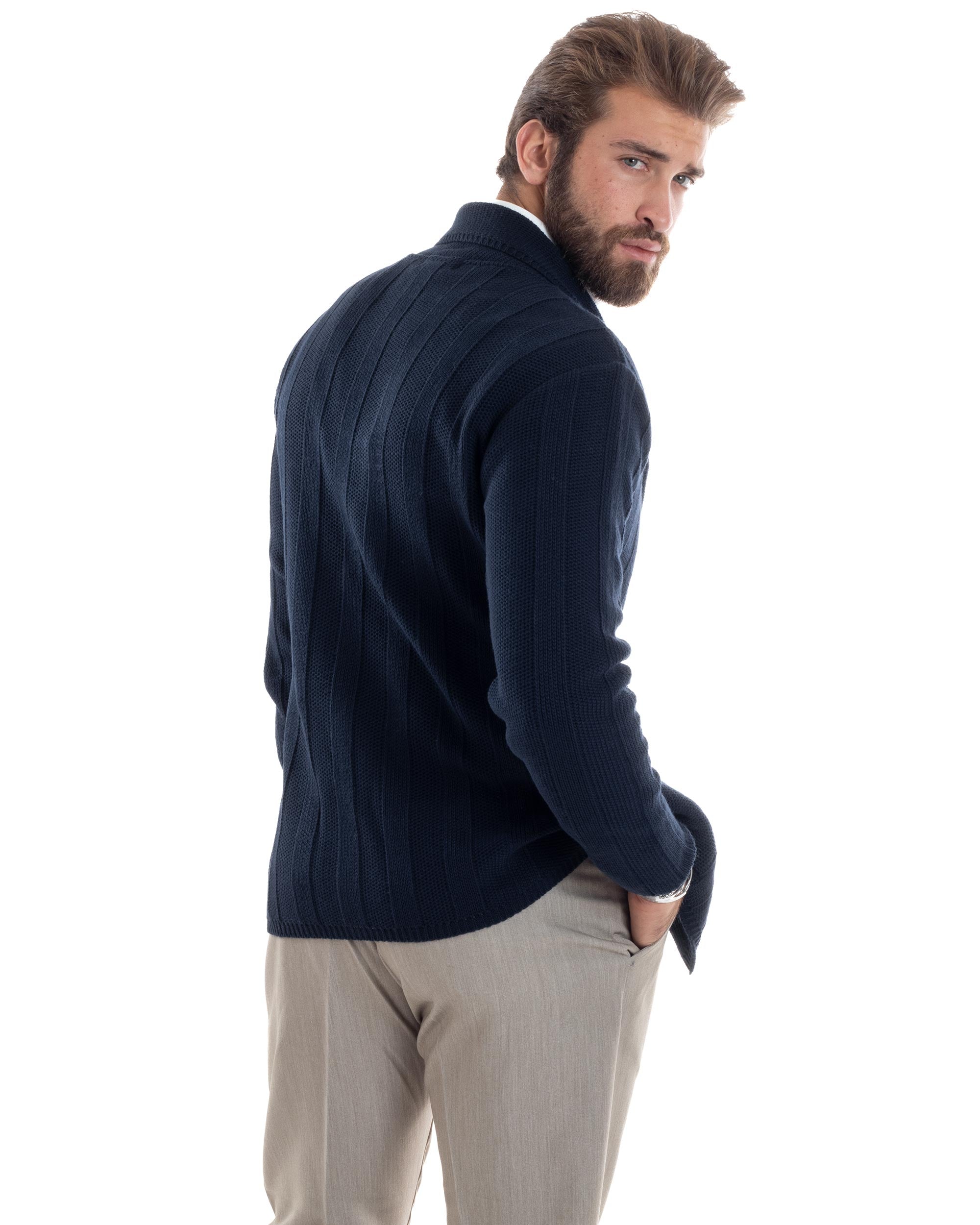 Cardigan Uomo Giacca Con Bottoni Maglia Tramata Maglioncino Lavorato Tinta Unita Casual Blu GIOSAL-M2954A