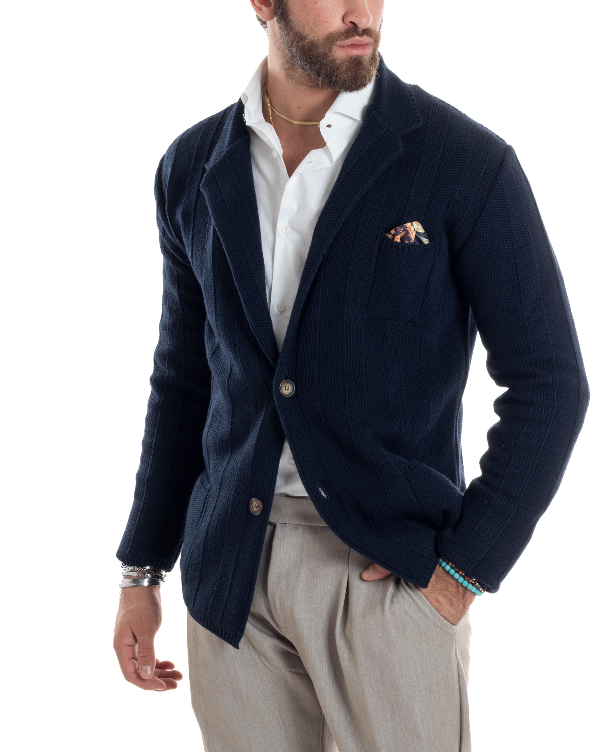 Cardigan Uomo Giacca Con Bottoni Maglia Tramata Maglioncino Lavorato Tinta Unita Casual Blu GIOSAL-M2954A