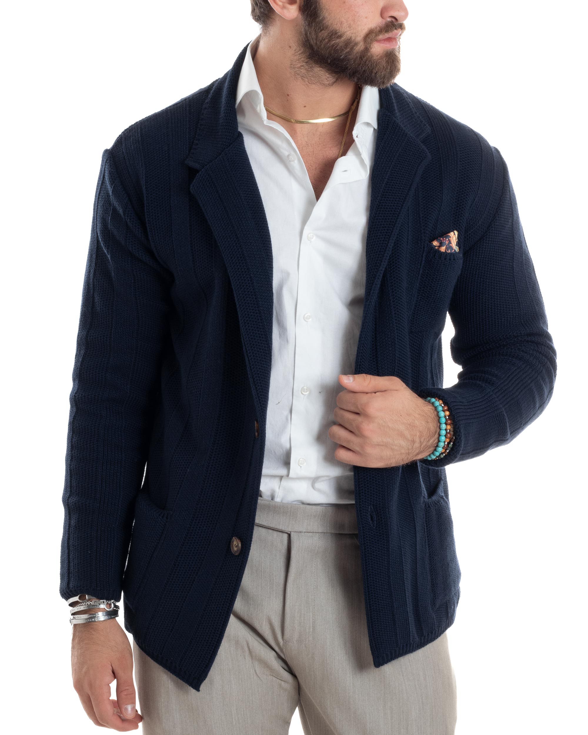 Cardigan Uomo Giacca Con Bottoni Maglia Tramata Maglioncino Lavorato Tinta Unita Casual Blu GIOSAL-M2954A