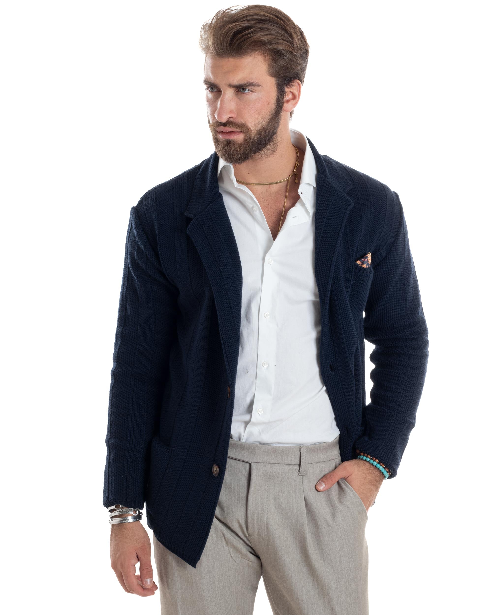 Cardigan Uomo Giacca Con Bottoni Maglia Tramata Maglioncino Lavorato Tinta Unita Casual Blu GIOSAL-M2954A