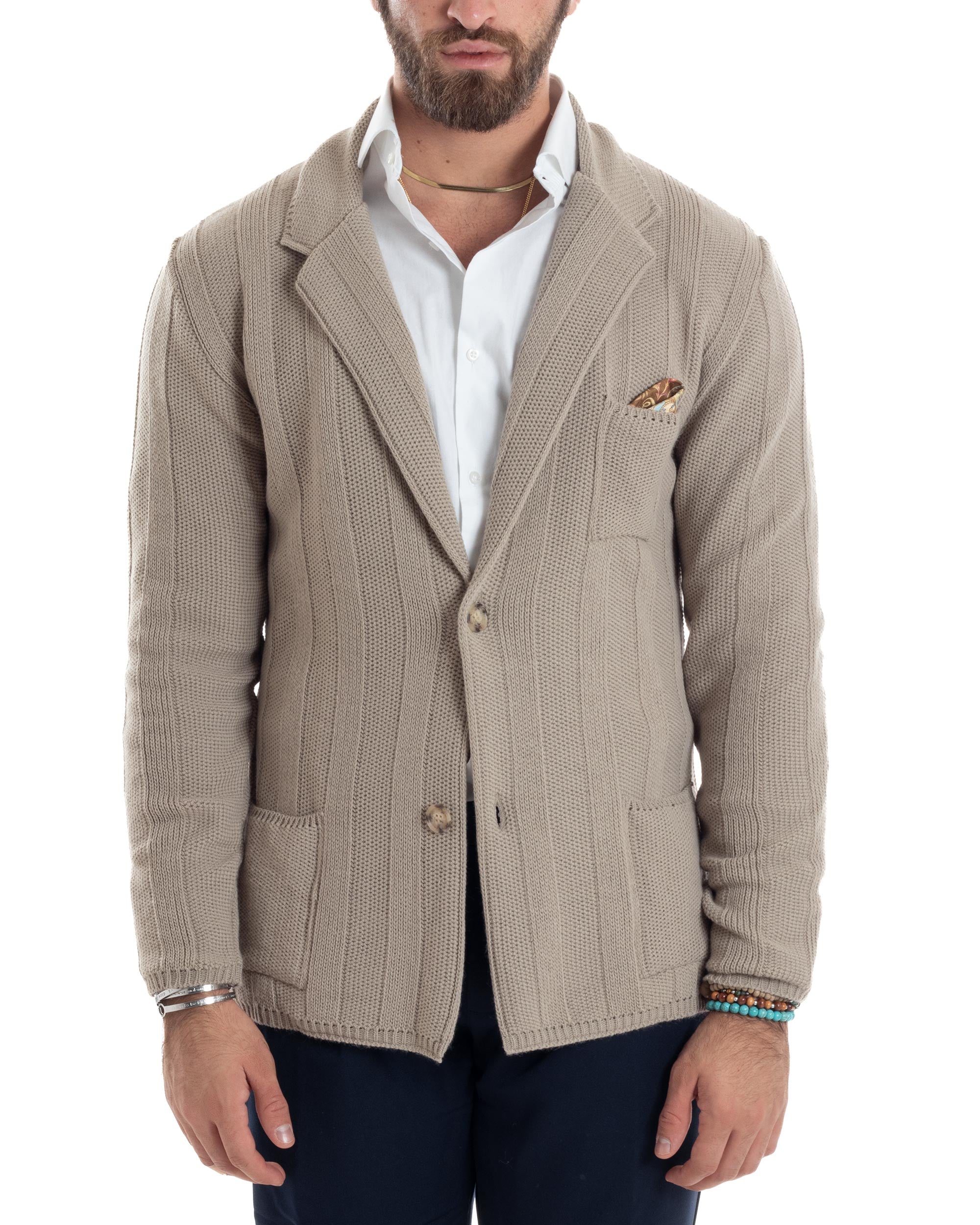 Cardigan Uomo Giacca Con Bottoni Maglia Tramata Maglioncino Lavorato Tinta Unita Casual Beige GIOSAL-M2955A