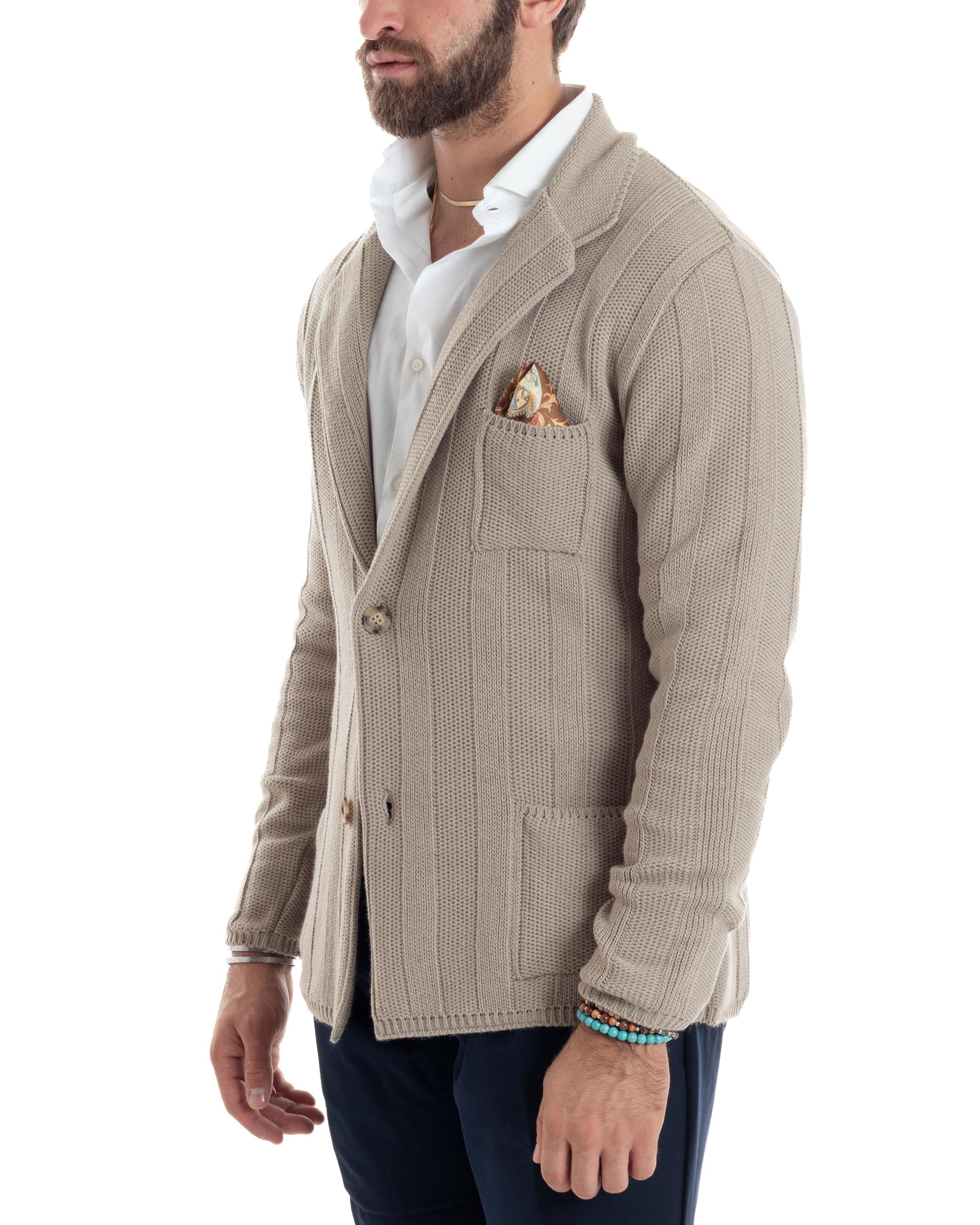 Cardigan Uomo Giacca Con Bottoni Maglia Tramata Maglioncino Lavorato Tinta Unita Casual Beige GIOSAL-M2955A