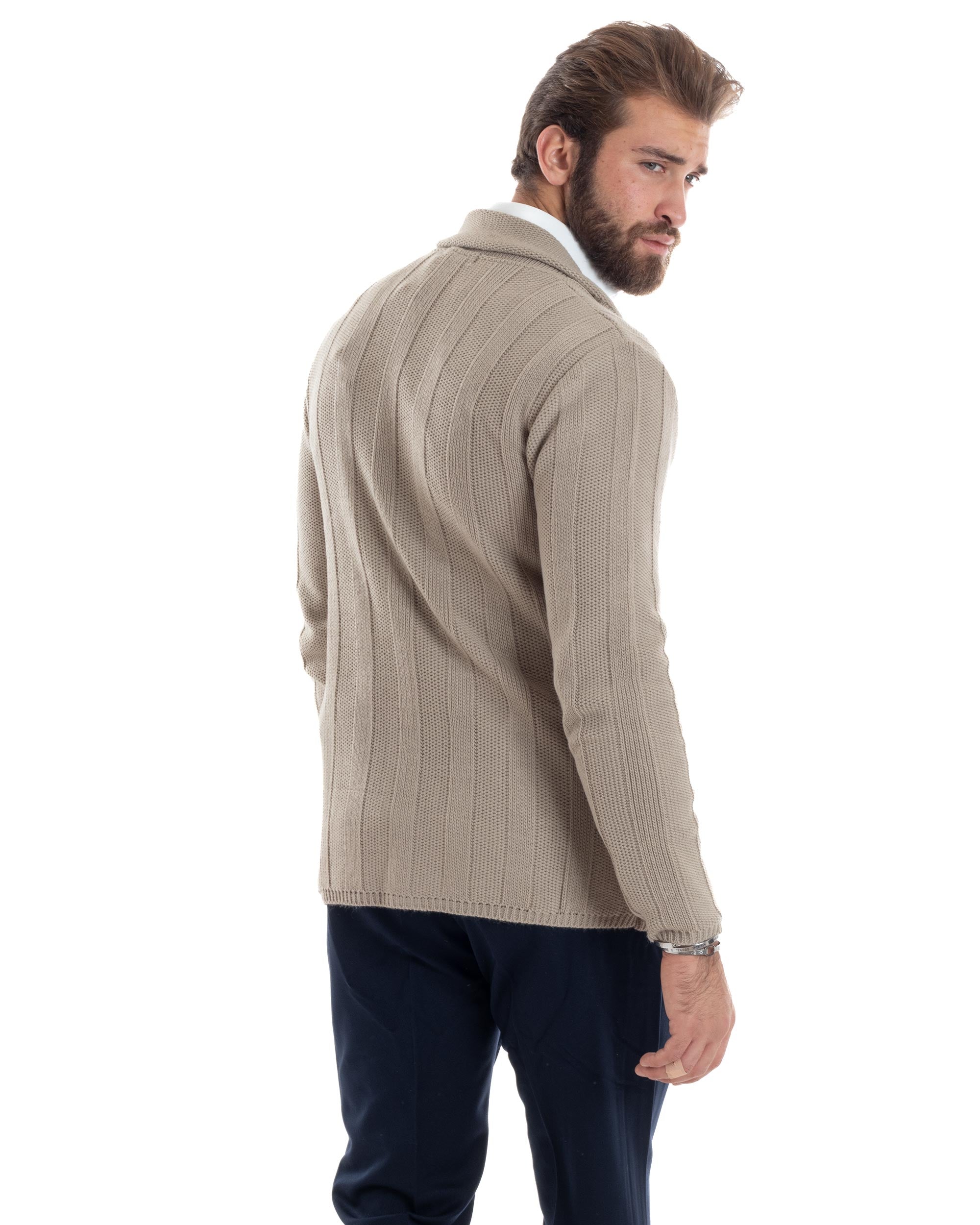 Cardigan Uomo Giacca Con Bottoni Maglia Tramata Maglioncino Lavorato Tinta Unita Casual Beige GIOSAL-M2955A