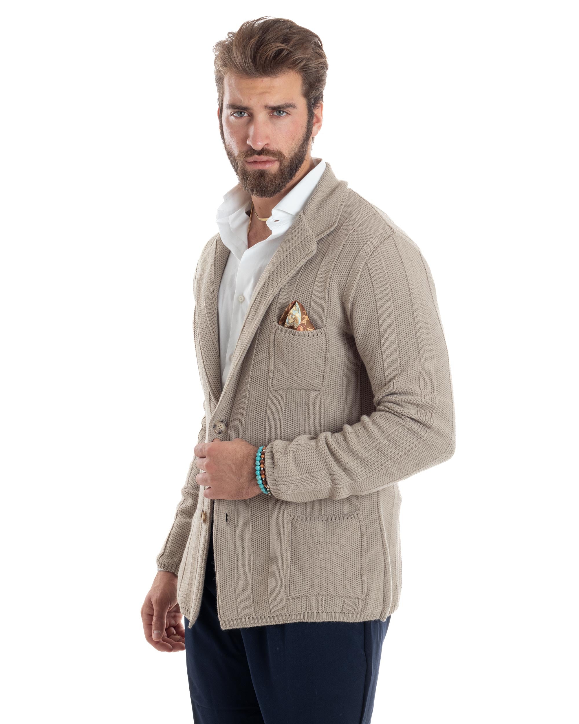 Cardigan Uomo Giacca Con Bottoni Maglia Tramata Maglioncino Lavorato Tinta Unita Casual Beige GIOSAL-M2955A