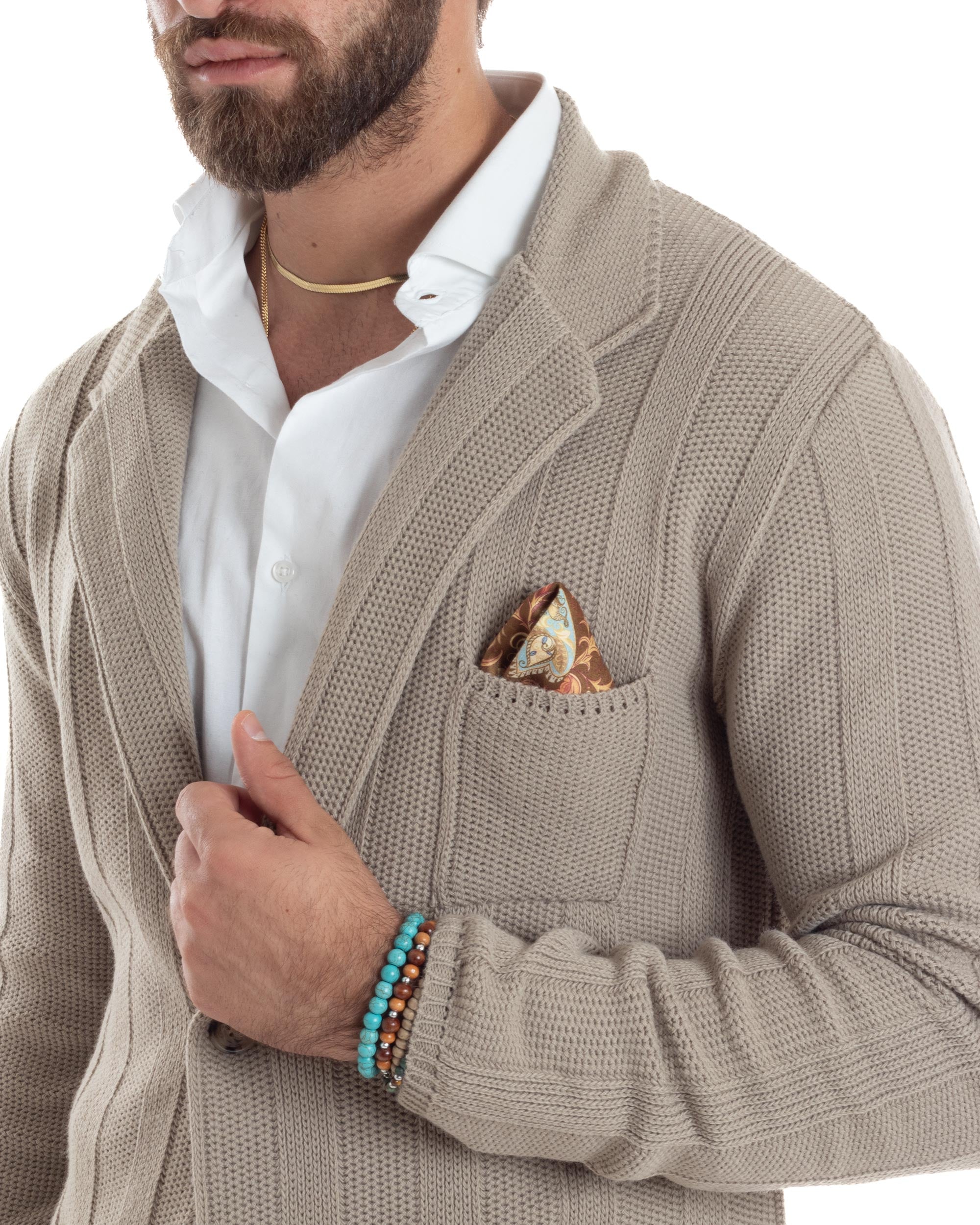 Cardigan Uomo Giacca Con Bottoni Maglia Tramata Maglioncino Lavorato Tinta Unita Casual Beige GIOSAL-M2955A