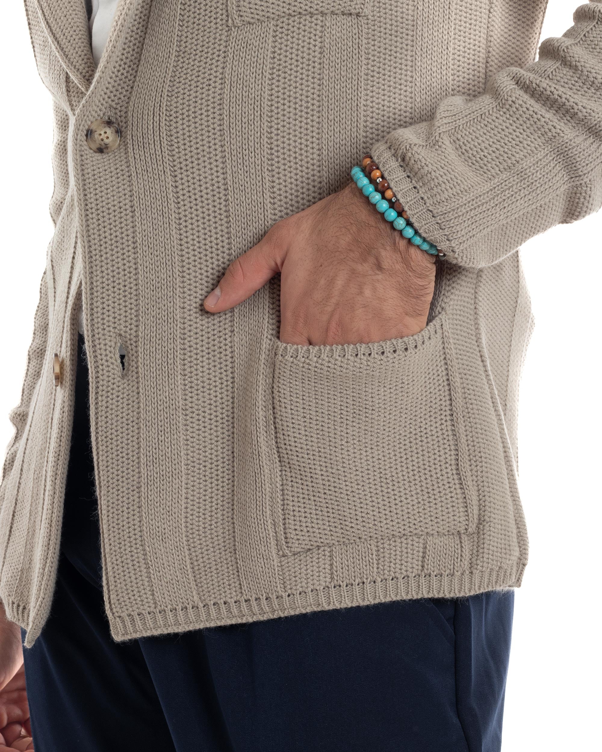 Cardigan Uomo Giacca Con Bottoni Maglia Tramata Maglioncino Lavorato Tinta Unita Casual Beige GIOSAL-M2955A