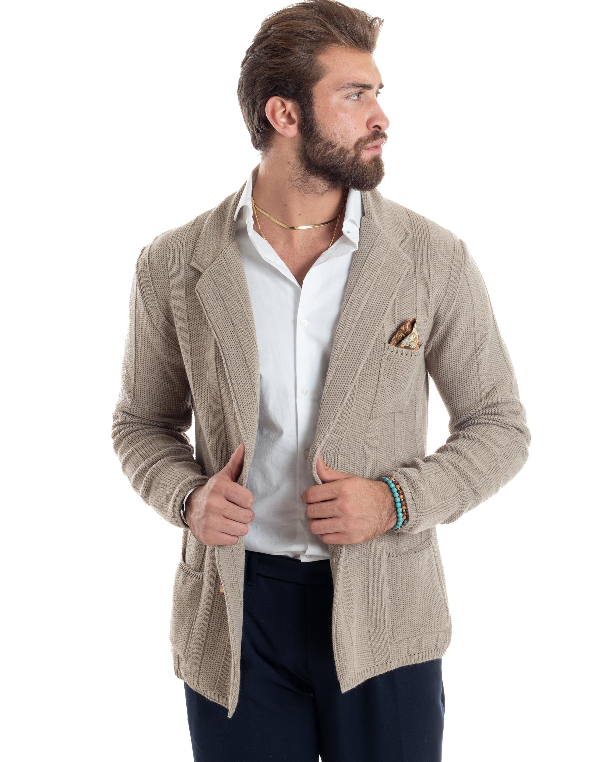 Cardigan Uomo Giacca Con Bottoni Maglia Tramata Maglioncino Lavorato Tinta Unita Casual Beige GIOSAL-M2955A