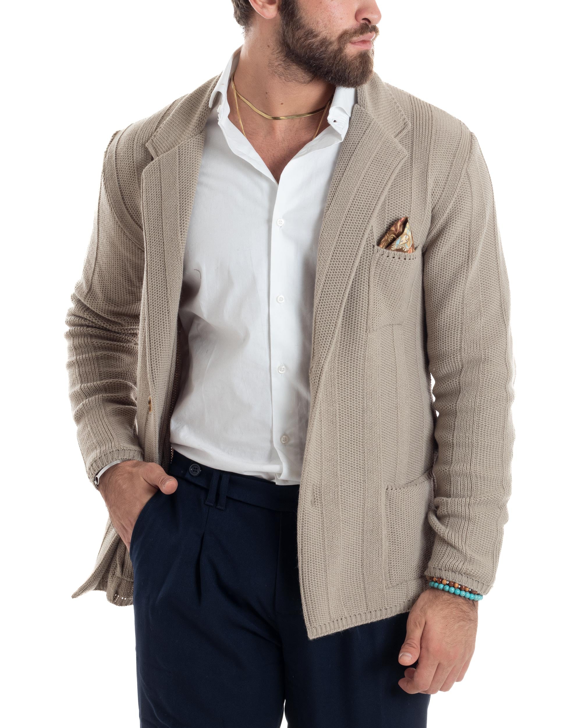 Cardigan Uomo Giacca Con Bottoni Maglia Tramata Maglioncino Lavorato Tinta Unita Casual Beige GIOSAL-M2955A