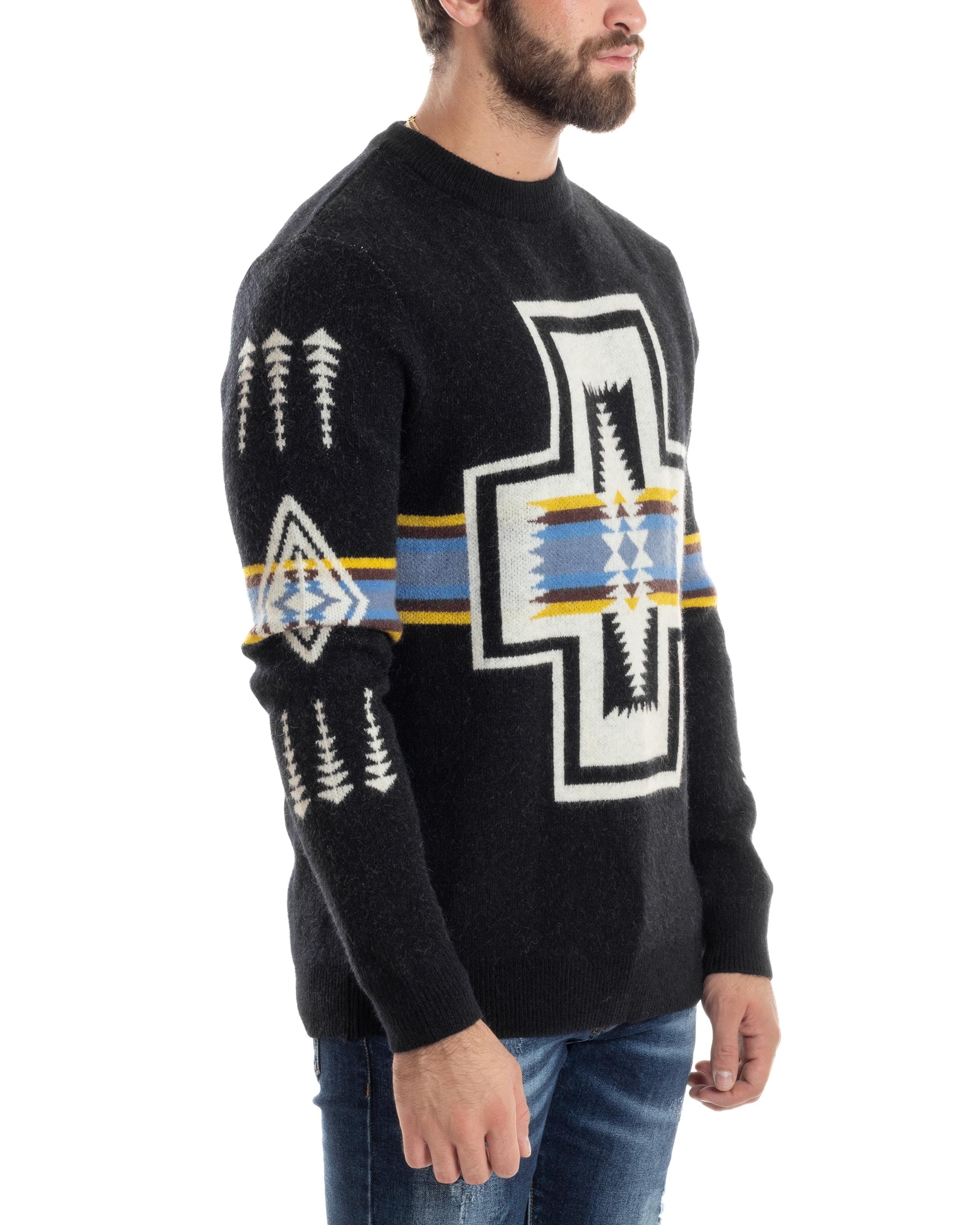 Maglione Uomo Girocollo Pullover Caldo Fantasia Jacquard Azteca Etnico Nero GIOSAL-M2956A