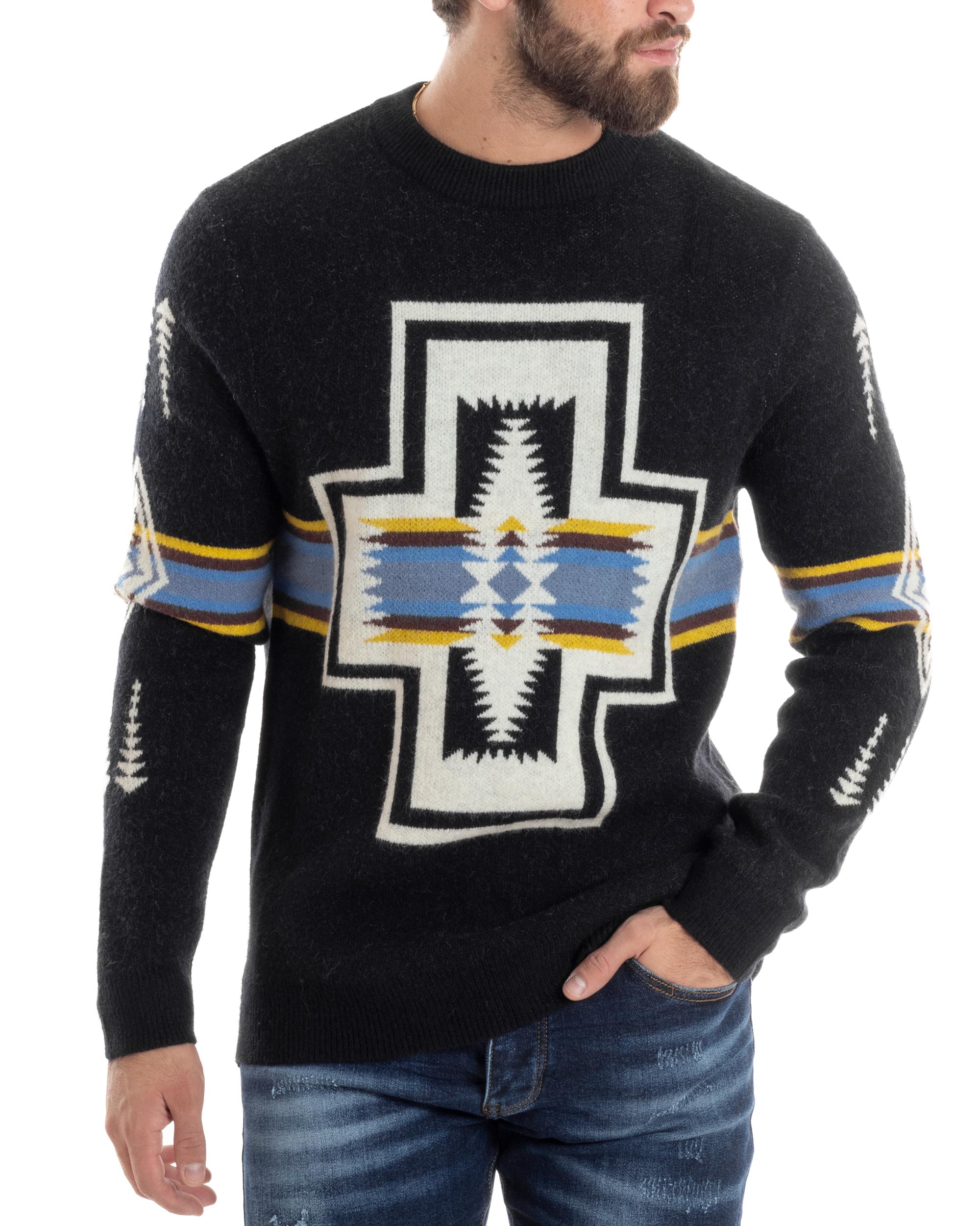 Maglione Uomo Girocollo Pullover Caldo Fantasia Jacquard Azteca Etnico Nero GIOSAL-M2956A