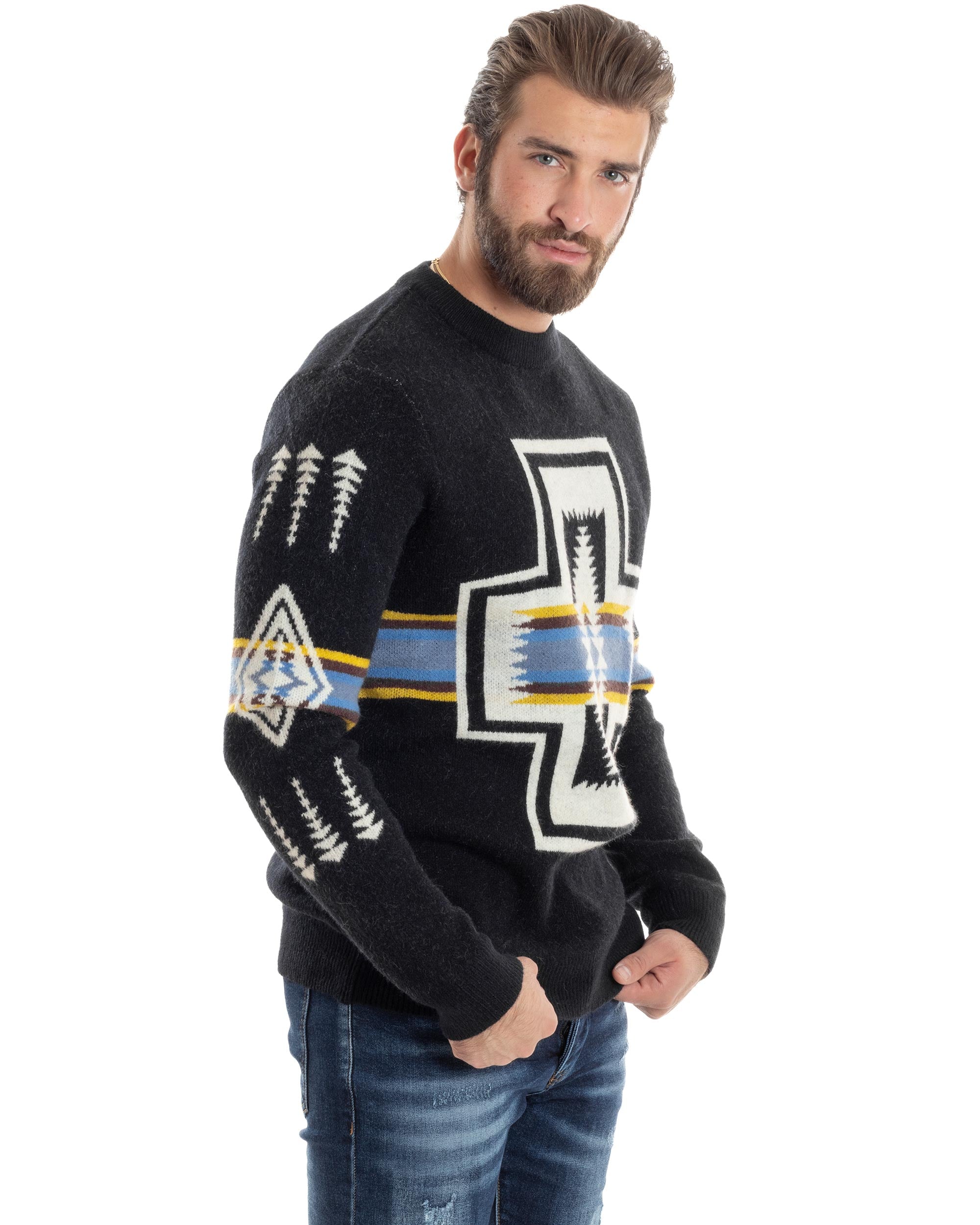 Maglione Uomo Girocollo Pullover Caldo Fantasia Jacquard Azteca Etnico Nero GIOSAL-M2956A