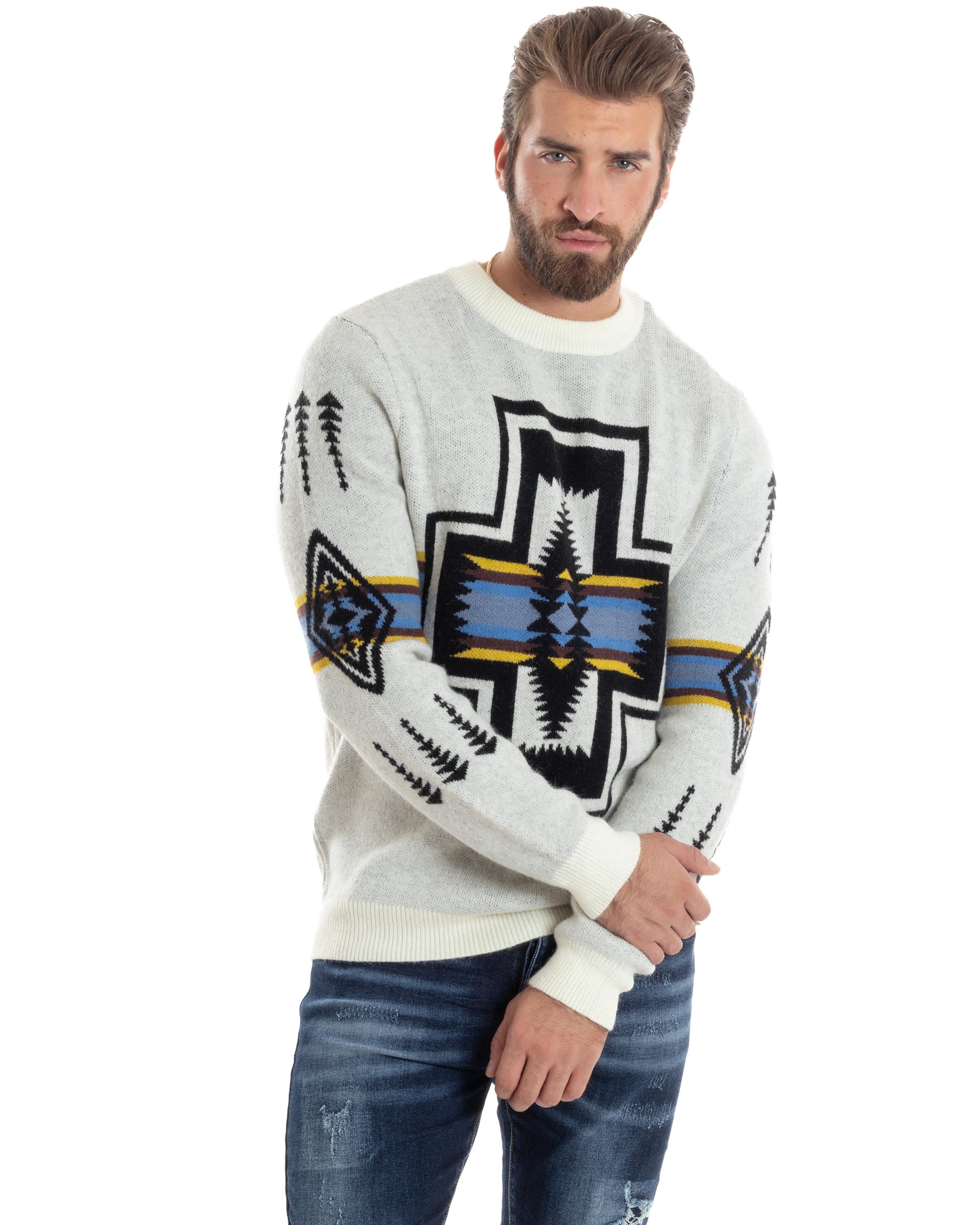 Maglione Uomo Girocollo Pullover Caldo Fantasia Jacquard Azteca Etnico Panna GIOSAL-M2957A