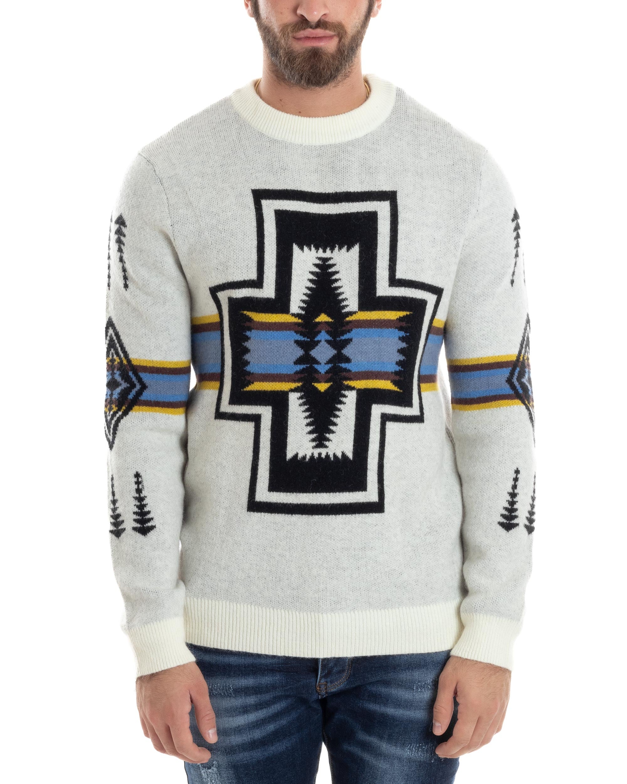 Maglione Uomo Girocollo Pullover Caldo Fantasia Jacquard Azteca Etnico Panna GIOSAL-M2957A