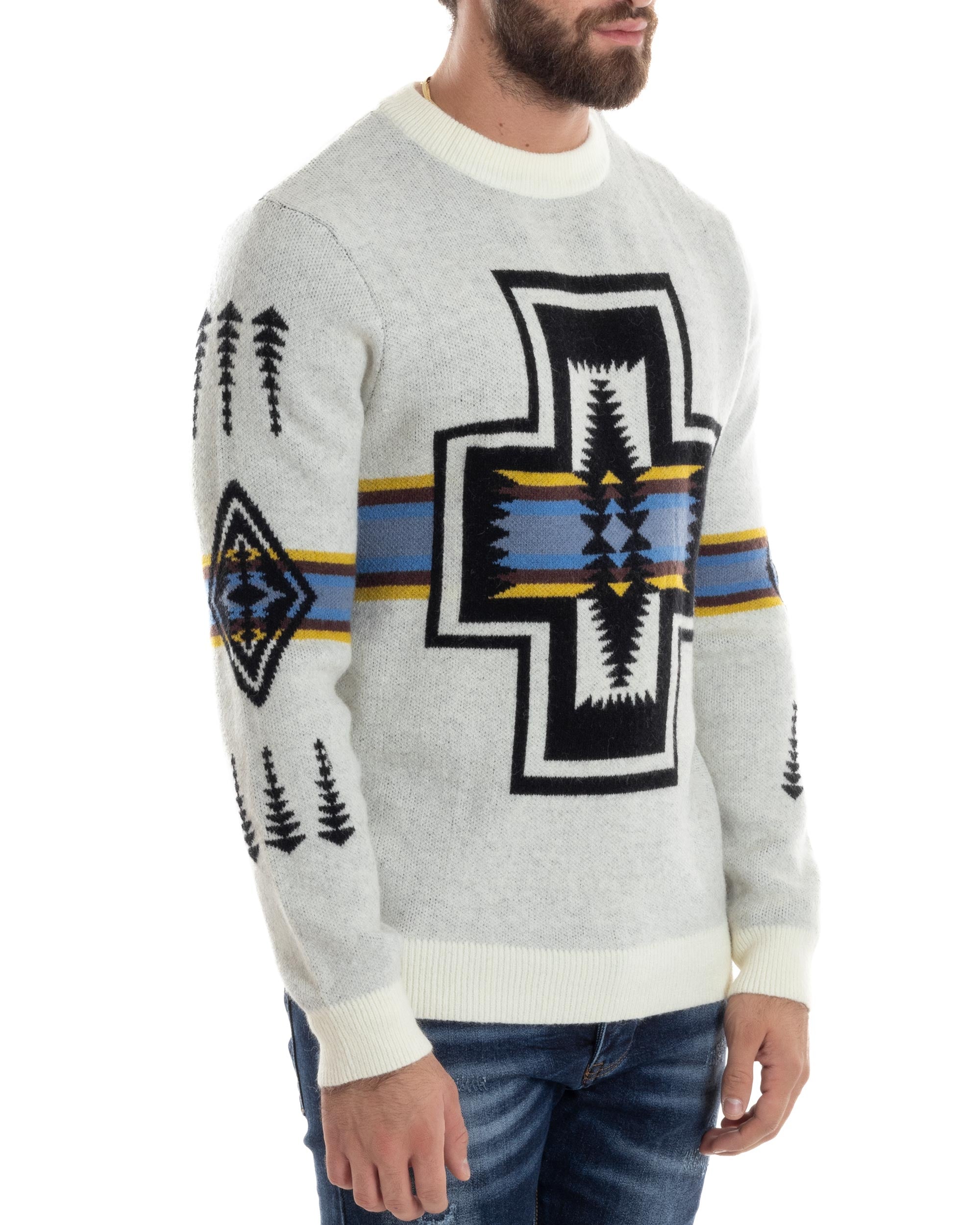 Maglione Uomo Girocollo Pullover Caldo Fantasia Jacquard Azteca Etnico Panna GIOSAL-M2957A