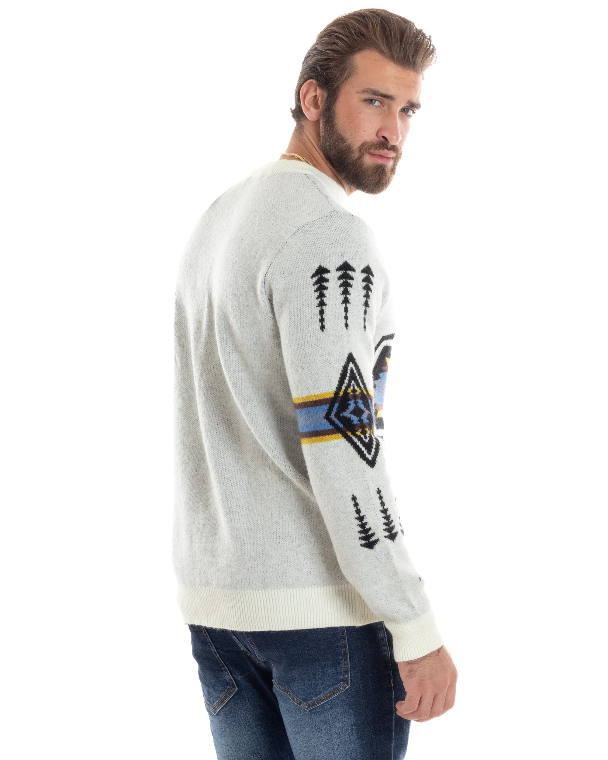 Maglione Uomo Girocollo Pullover Caldo Fantasia Jacquard Azteca Etnico Panna GIOSAL-M2957A