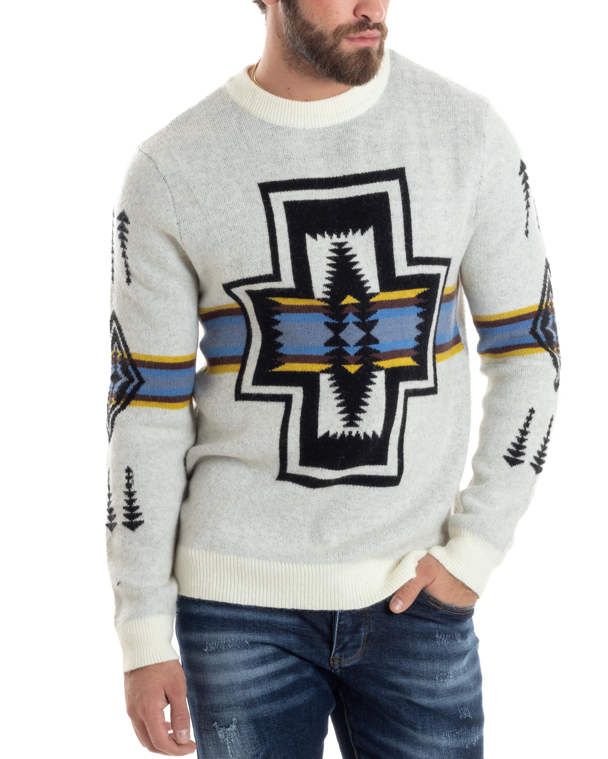 Maglione Uomo Girocollo Pullover Caldo Fantasia Jacquard Azteca Etnico Panna GIOSAL-M2957A