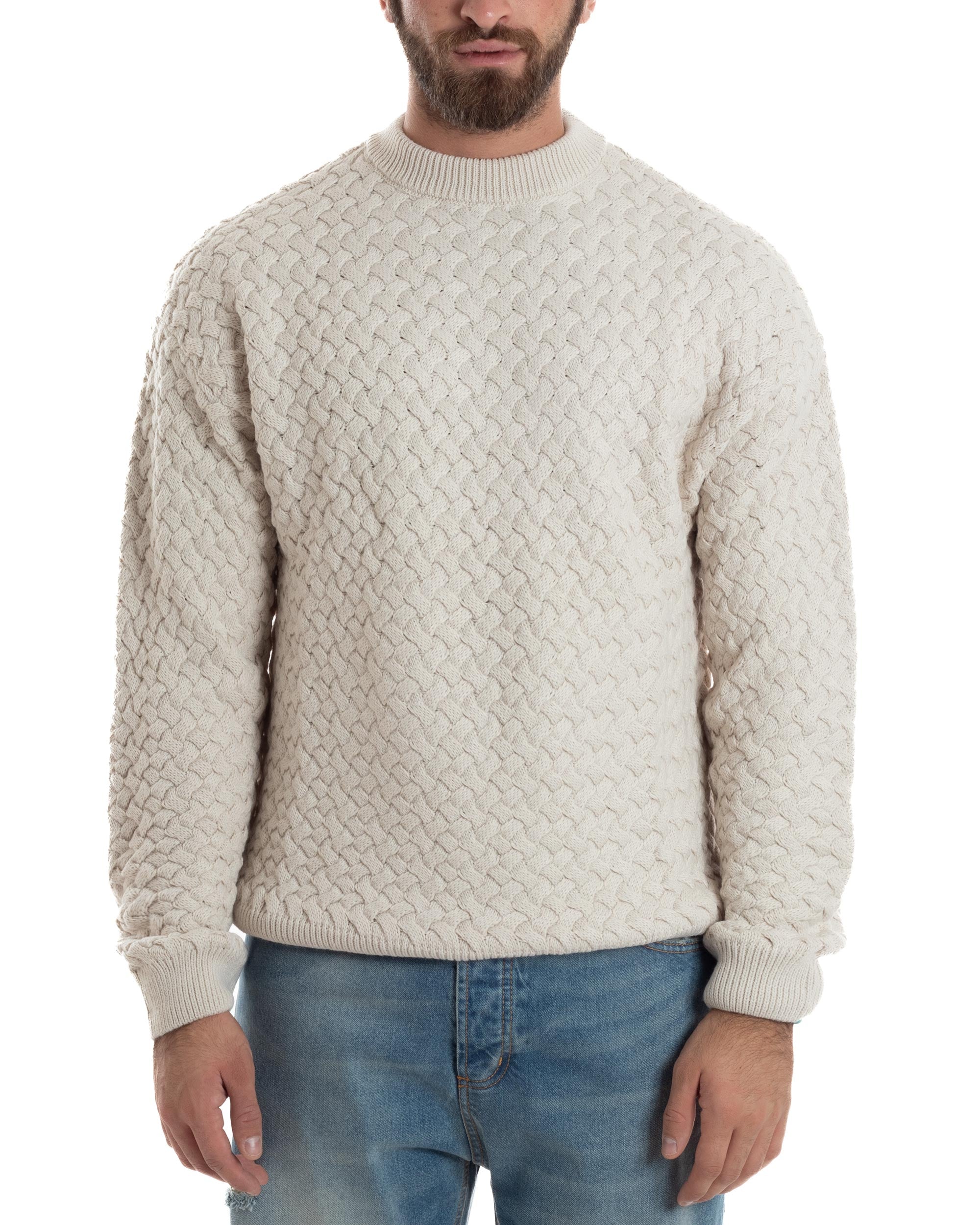 Maglione Uomo Girocollo Lana Calda Pullover Maglia Intrecciata Panna GIOSAL-M2958A