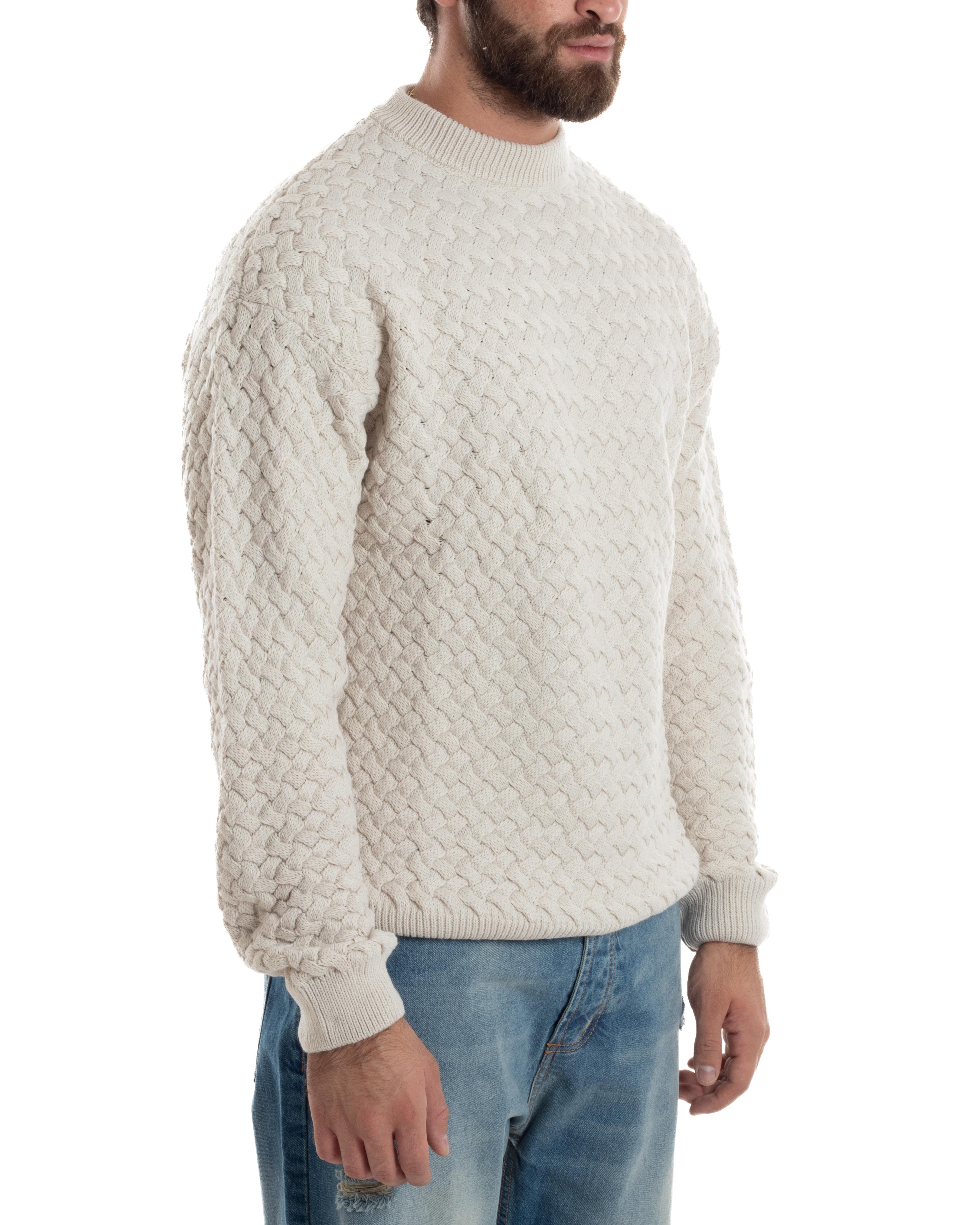 Maglione Uomo Girocollo Lana Calda Pullover Maglia Intrecciata Panna GIOSAL-M2958A