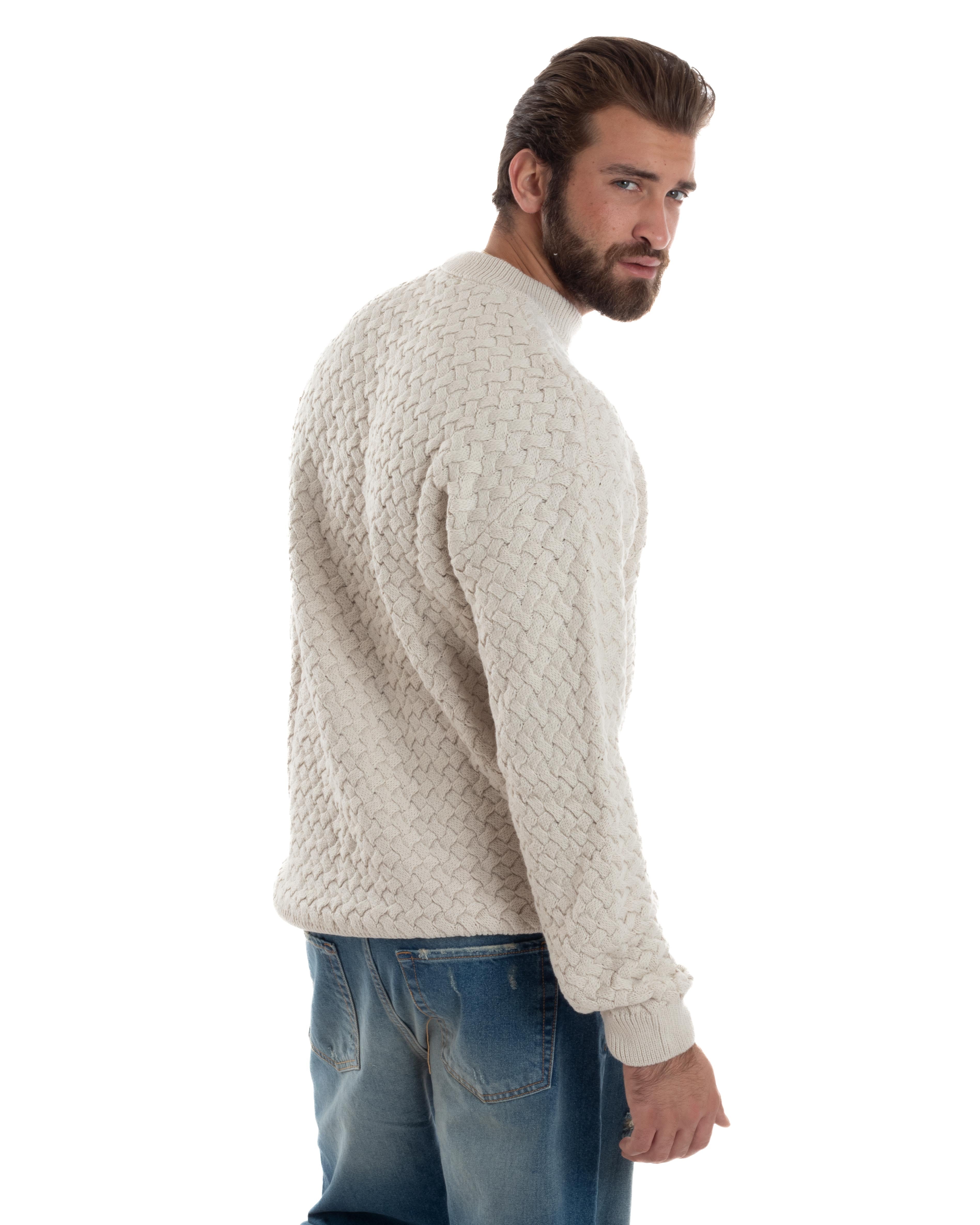 Maglione Uomo Girocollo Lana Calda Pullover Maglia Intrecciata Panna GIOSAL-M2958A