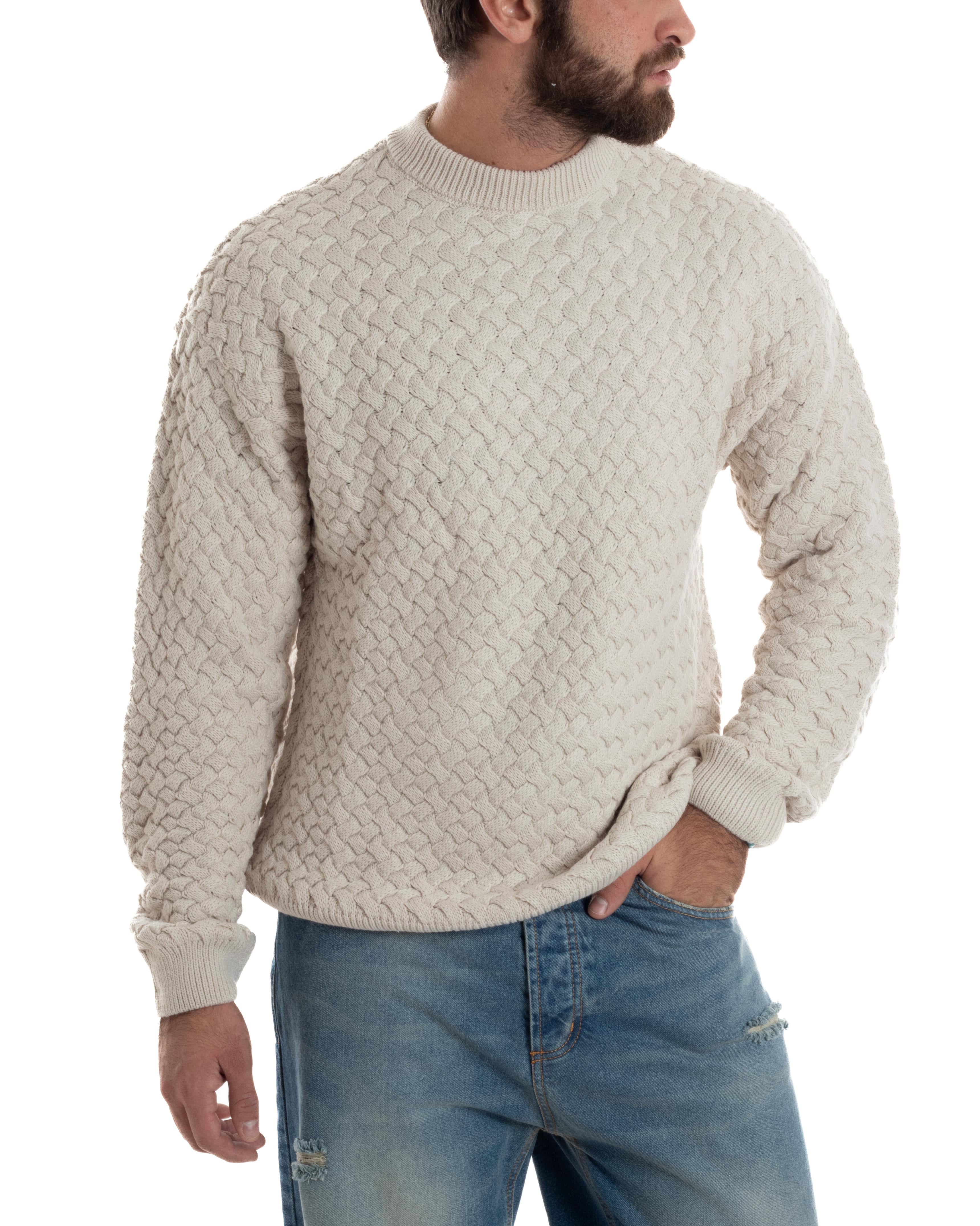 Maglione Uomo Girocollo Lana Calda Pullover Maglia Intrecciata Panna GIOSAL-M2958A