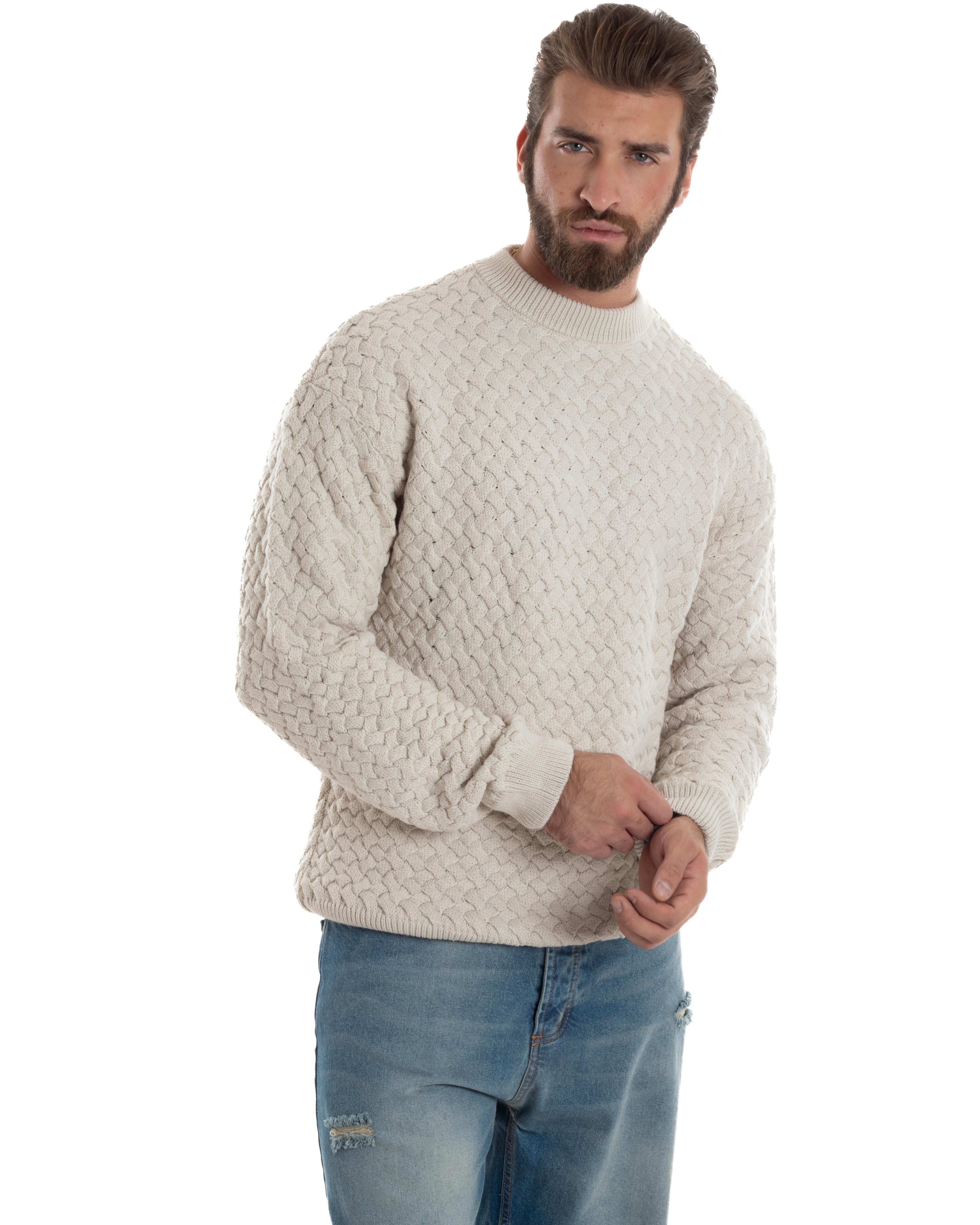 Maglione Uomo Girocollo Lana Calda Pullover Maglia Intrecciata Panna GIOSAL-M2958A