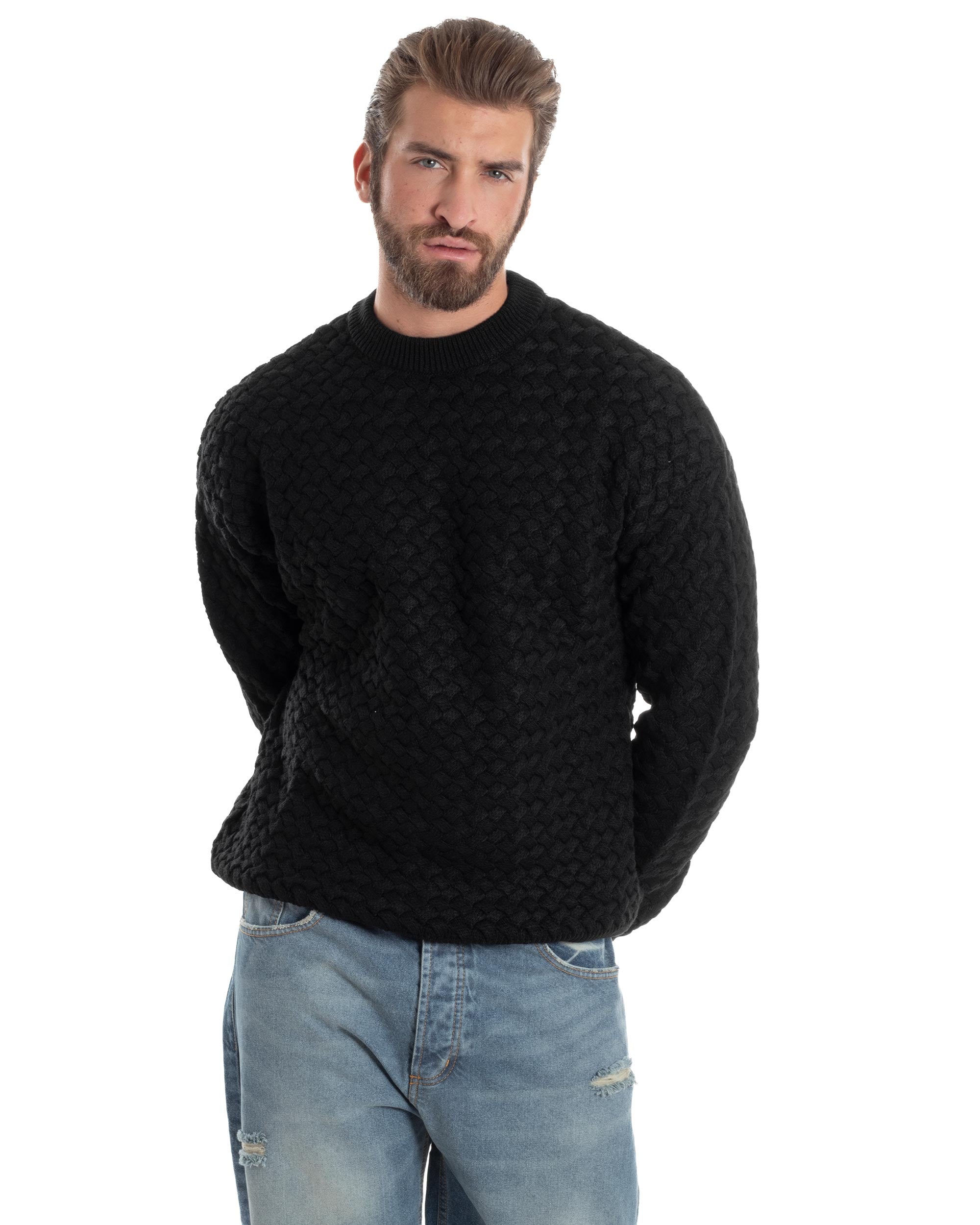 Maglione Uomo Girocollo Lana Calda Pullover Maglia Intrecciata Nero GIOSAL-M2959A