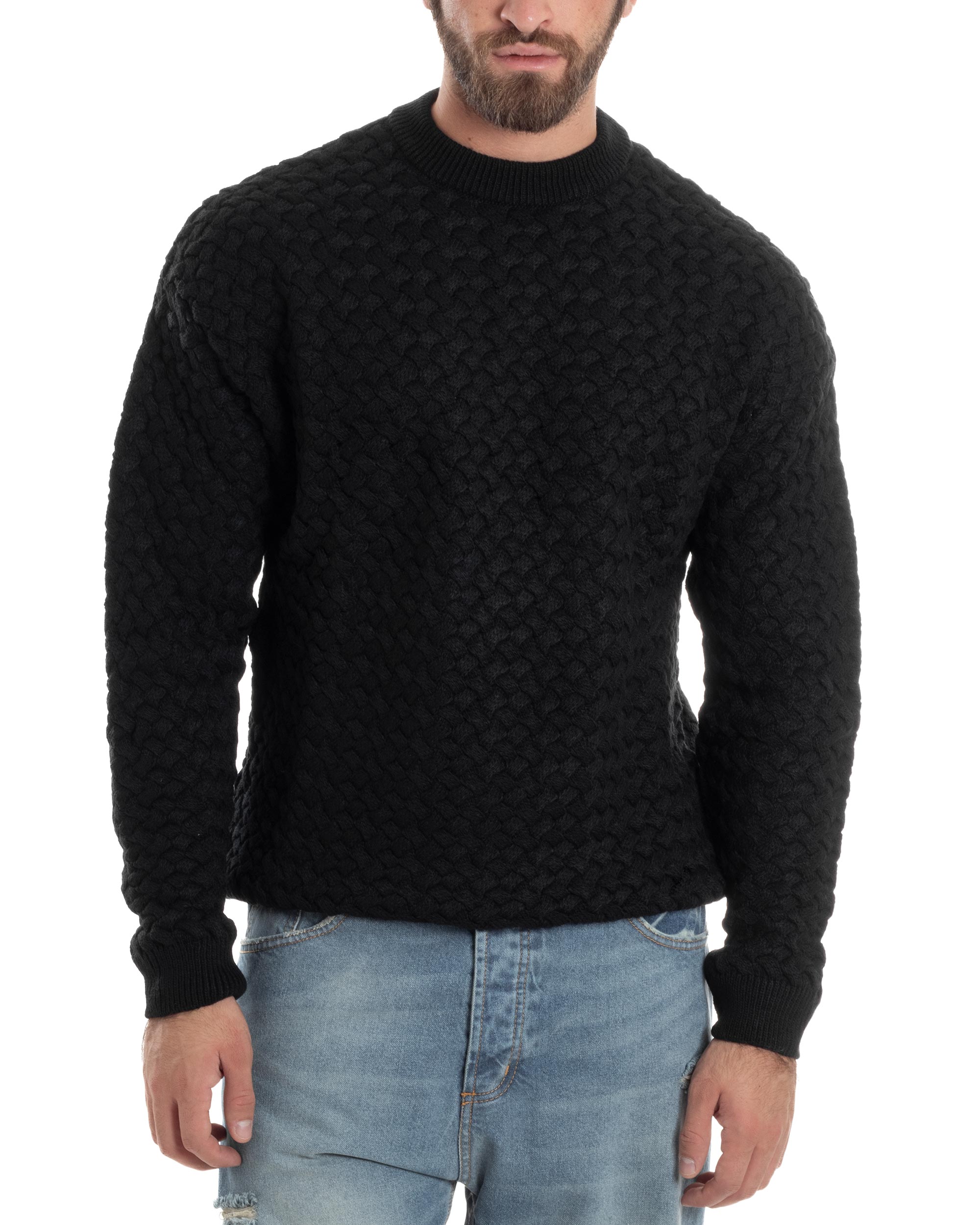 Maglione Uomo Girocollo Lana Calda Pullover Maglia Intrecciata Nero GIOSAL-M2959A