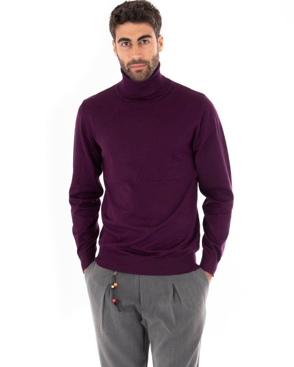 Maglioncino Uomo Collo Alto Maglia Rasata Morbida Dolcevita Sottogiacca Basic Tinta Unita Viola GIOSAL-M2960A