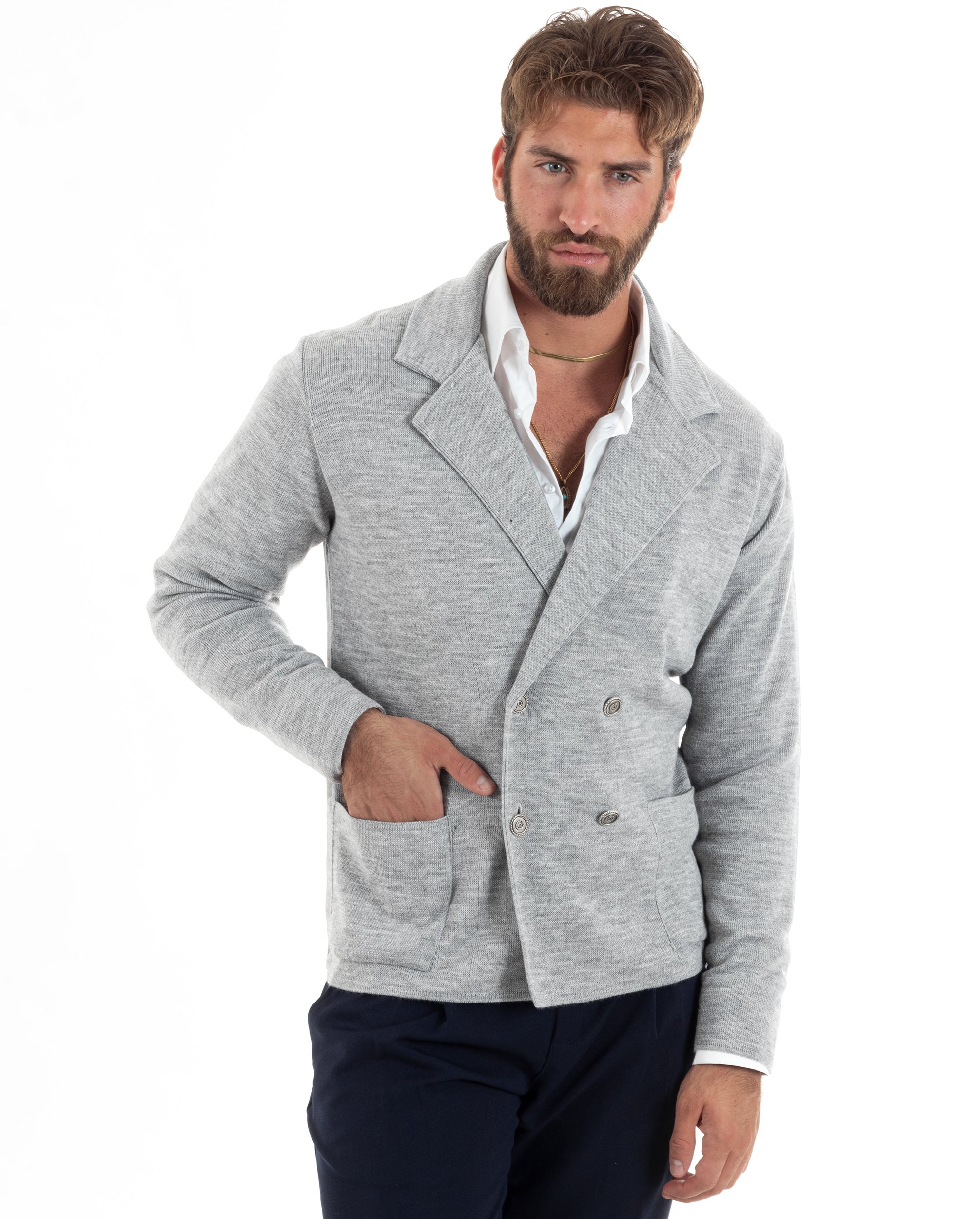Cardigan Uomo Doppiopetto Giacca Con Bottoni In Metallo Maglia Lavorata Links Maglioncino Cotone Casual Grigio GIOSAL-M2986A