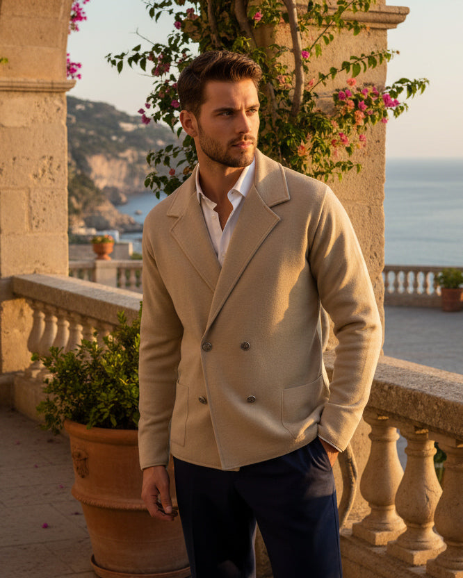 Cardigan uomo doppiopetto giacca bottoni metallo maglia links cotone casual beige GIOSAL-M2988A