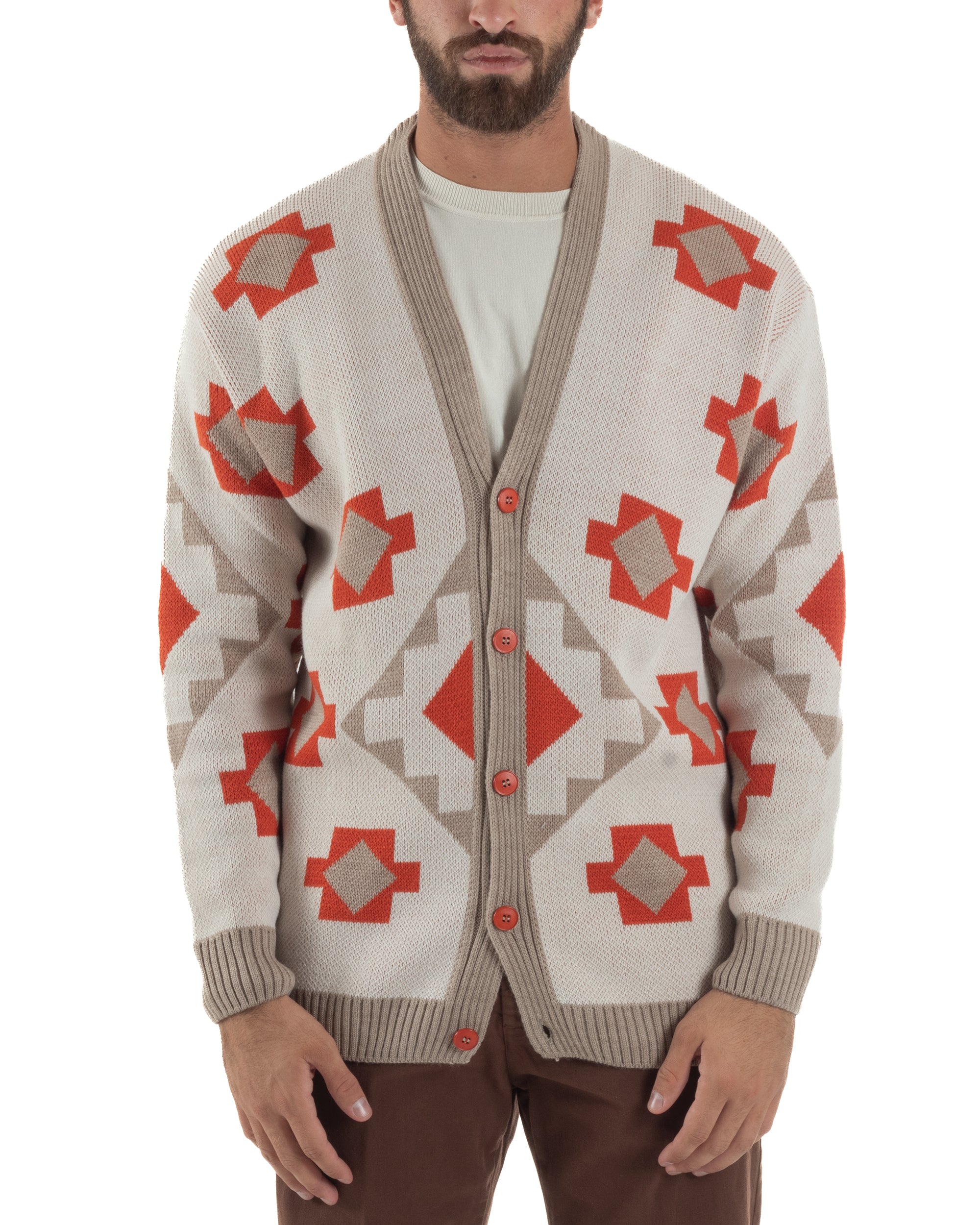 Cardigan Uomo Maglione Oversize Fantasia Azteca Casual Scollo a V Beige  BlackSunday GIOSAL-M2995A