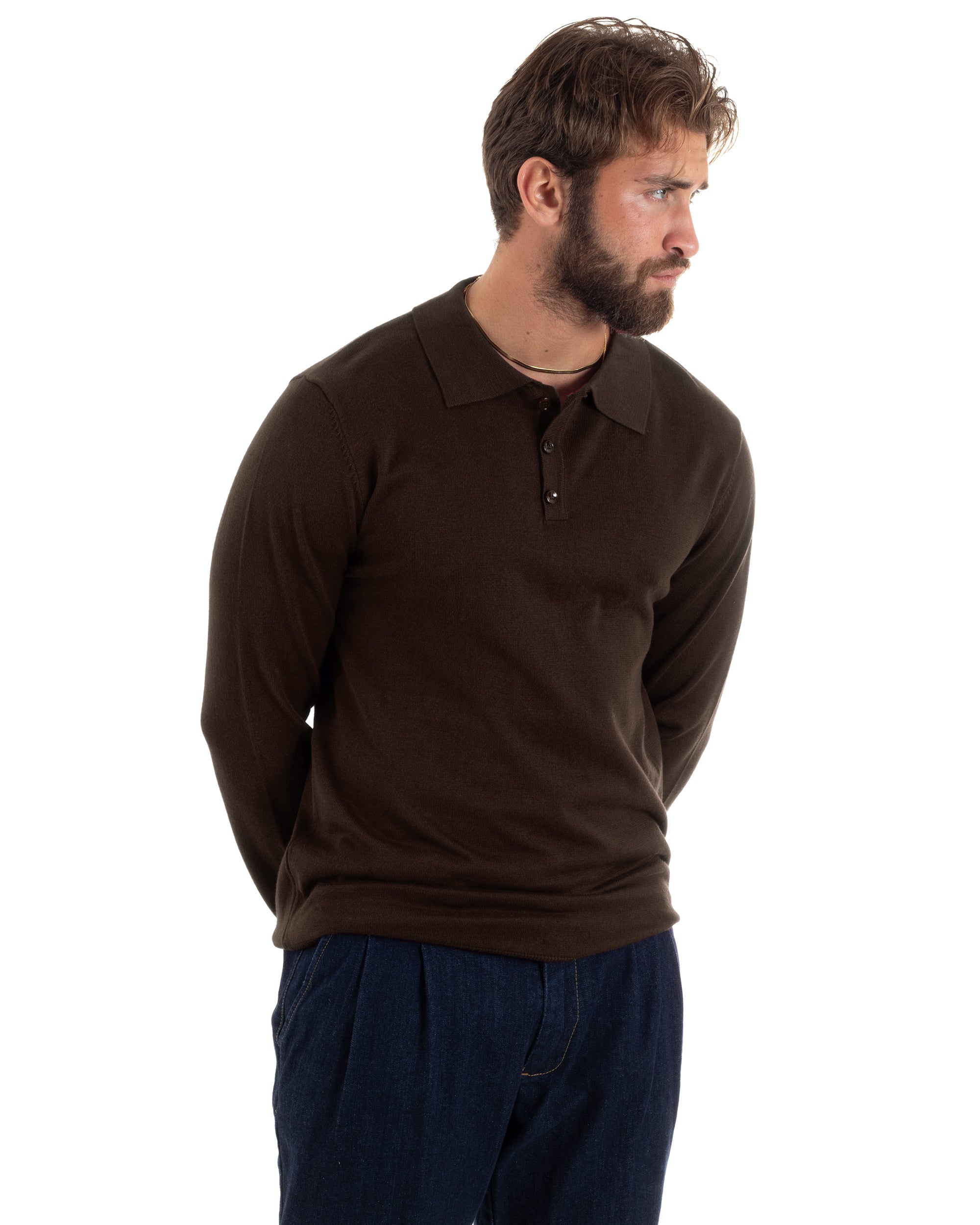Maglioncino Uomo Casual Maglia Con Colletto Polo Tinta Unita Basic Marrone GIOSAL-M3002A