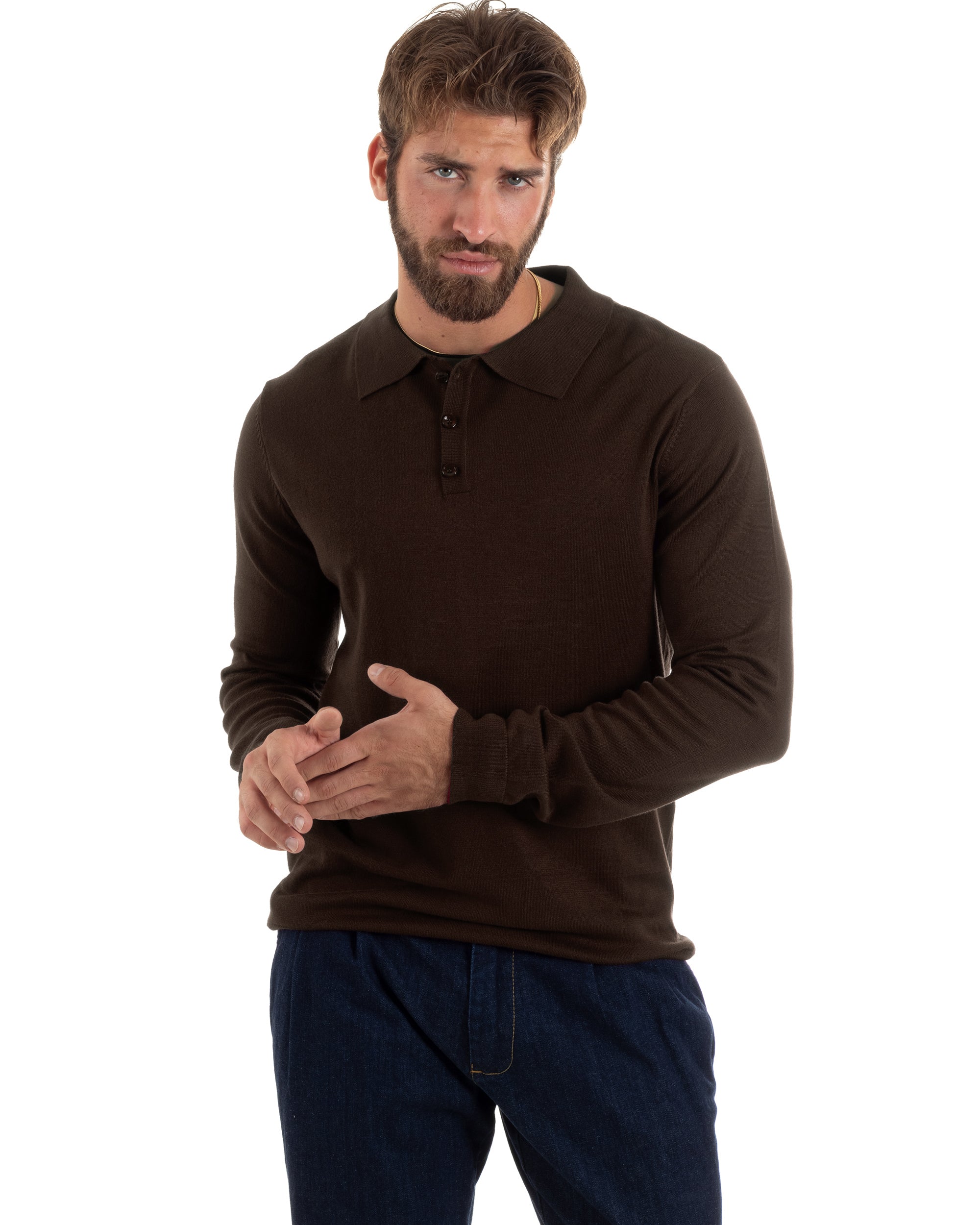 Maglioncino Uomo Casual Maglia Con Colletto Polo Tinta Unita Basic Marrone GIOSAL-M3002A