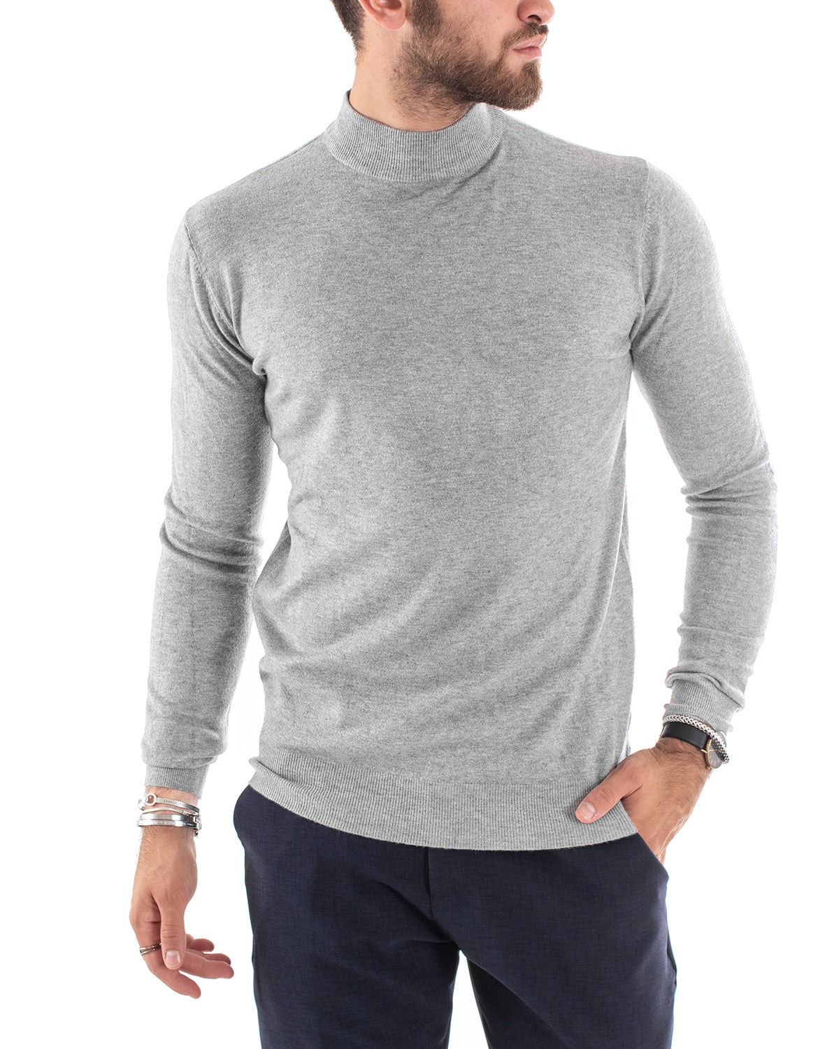 Maglioncino Uomo Maglia Mezzo Collo Maniche Lunghe Sottogiacca Rasato Caldo Elastico Tinta Unita Grigio Chiaro GIOSAL-M3004A