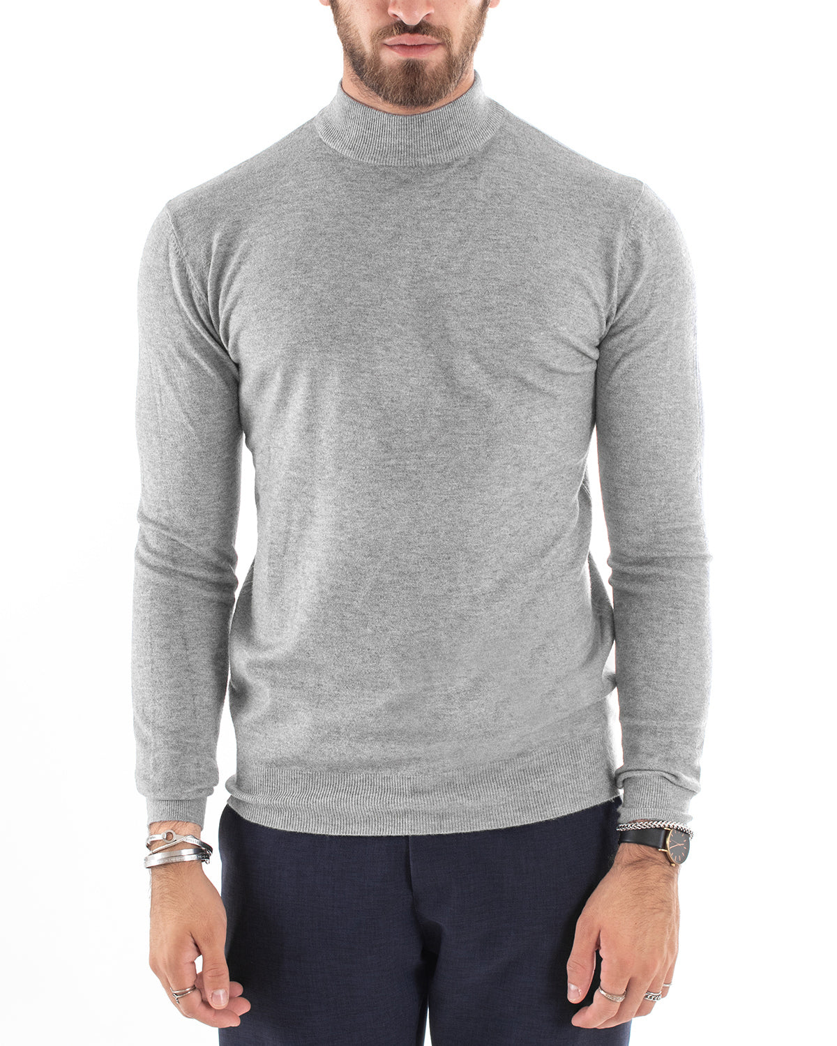 Maglioncino Uomo Maglia Mezzo Collo Maniche Lunghe Sottogiacca Rasato Caldo Elastico Tinta Unita Grigio Chiaro GIOSAL-M3004A