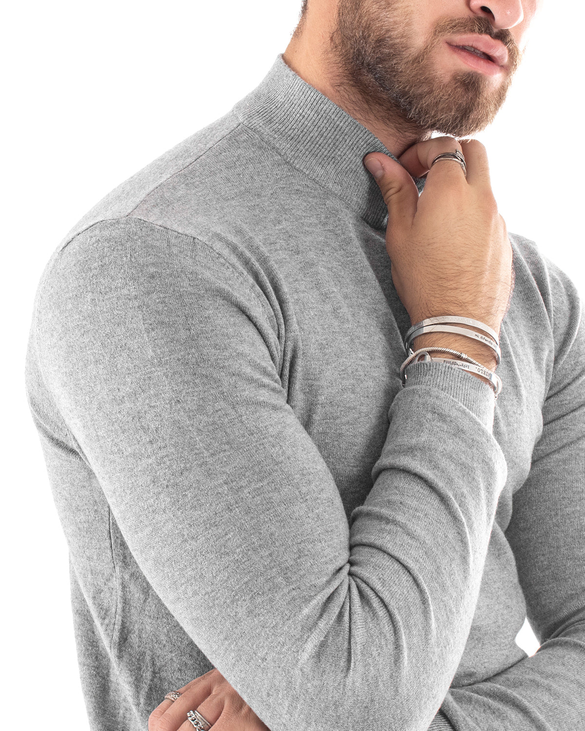 Maglioncino Uomo Maglia Mezzo Collo Maniche Lunghe Sottogiacca Rasato Caldo Elastico Tinta Unita Grigio Chiaro GIOSAL-M3004A