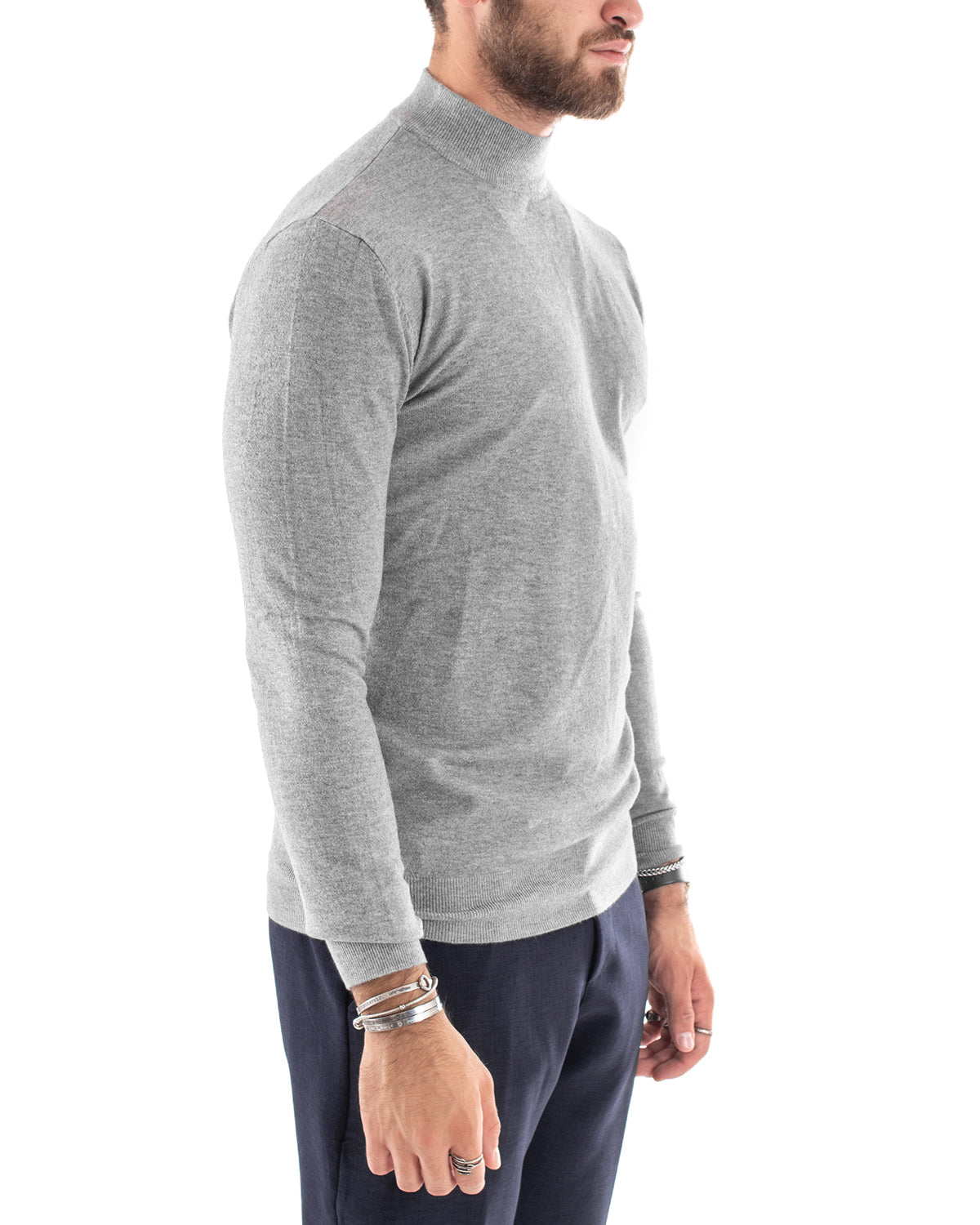 Maglioncino Uomo Maglia Mezzo Collo Maniche Lunghe Sottogiacca Rasato Caldo Elastico Tinta Unita Grigio Chiaro GIOSAL-M3004A