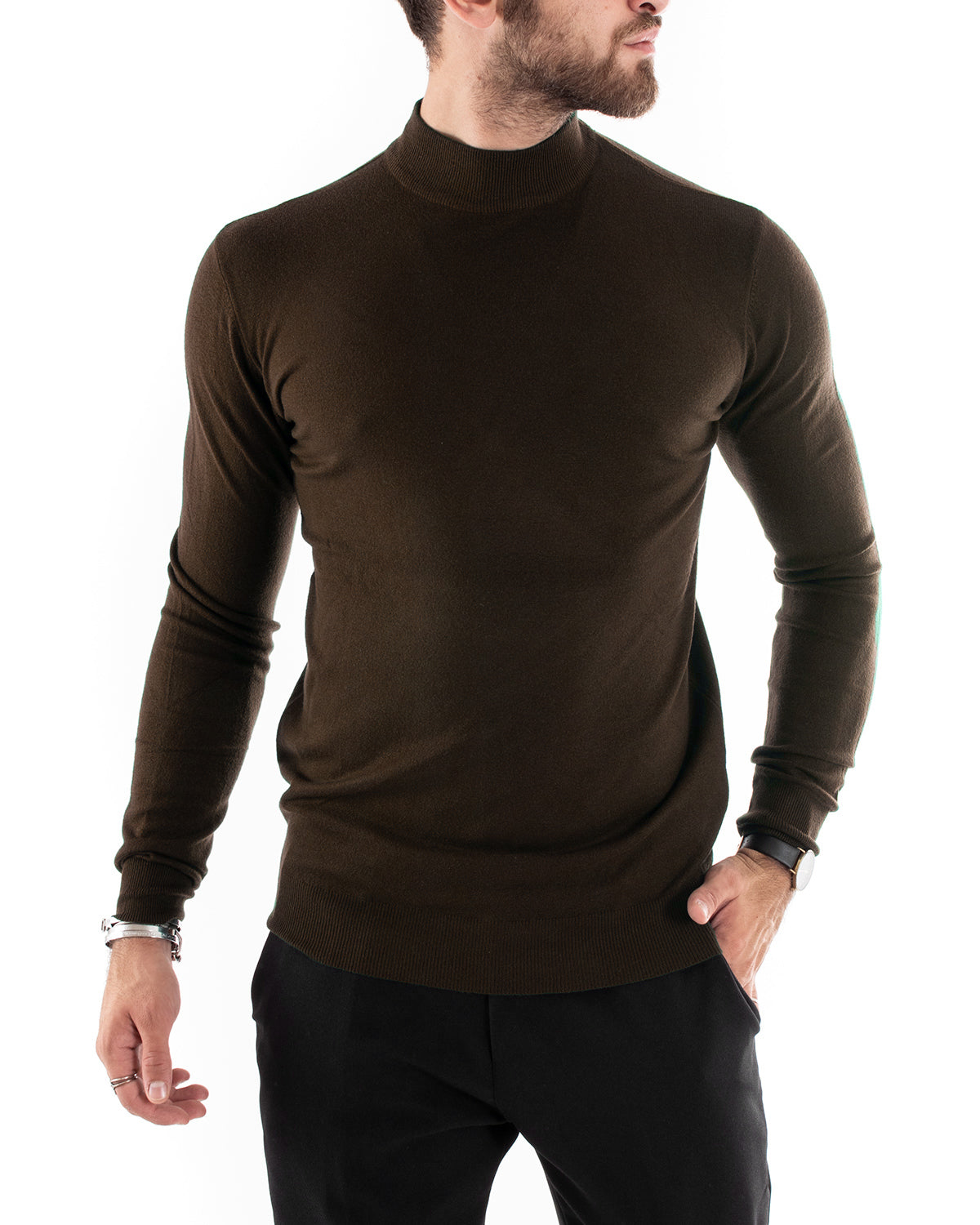 Maglioncino Uomo Maglia Mezzo Collo Maniche Lunghe Sottogiacca Rasato Caldo Elastico Tinta Unita Marrone GIOSAL-M3005A