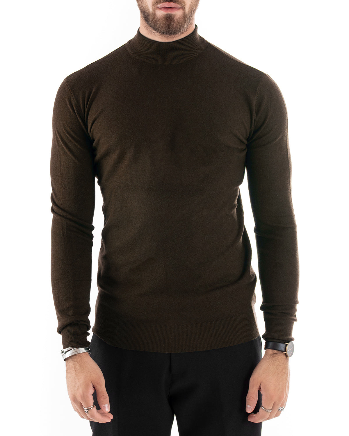 Maglioncino Uomo Maglia Mezzo Collo Maniche Lunghe Sottogiacca Rasato Caldo Elastico Tinta Unita Marrone GIOSAL-M3005A