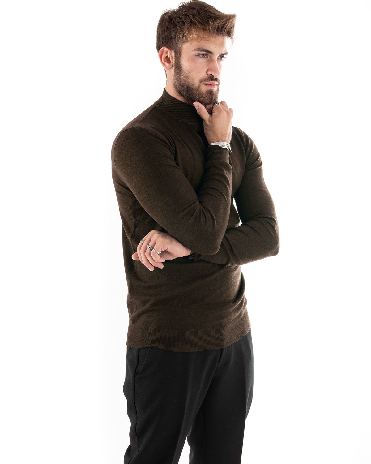 Maglioncino Uomo Maglia Mezzo Collo Maniche Lunghe Sottogiacca Rasato Caldo Elastico Tinta Unita Marrone GIOSAL-M3005A