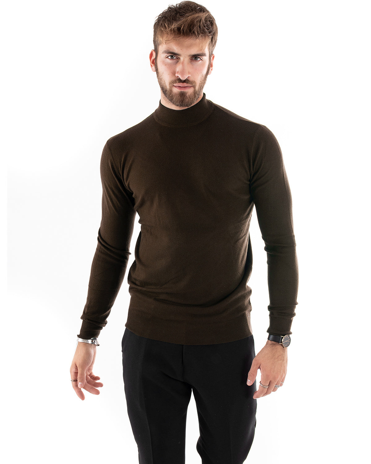 Maglioncino Uomo Maglia Mezzo Collo Maniche Lunghe Sottogiacca Rasato Caldo Elastico Tinta Unita Marrone GIOSAL-M3005A