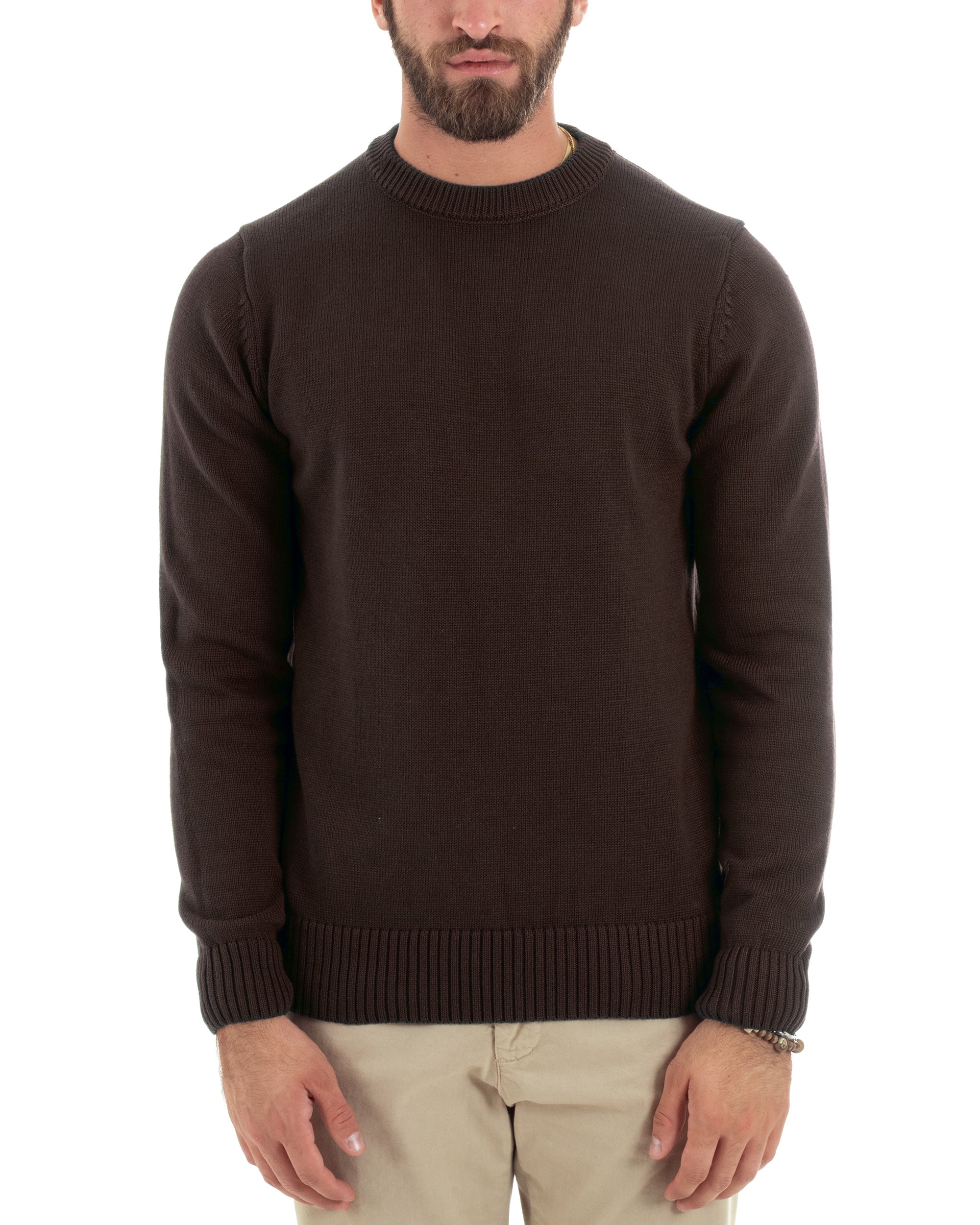 Maglioncino Uomo Girocollo Maglia Inglese Maglione Morbido Basic Tinta Unita Marrone GIOSAL-M3006A