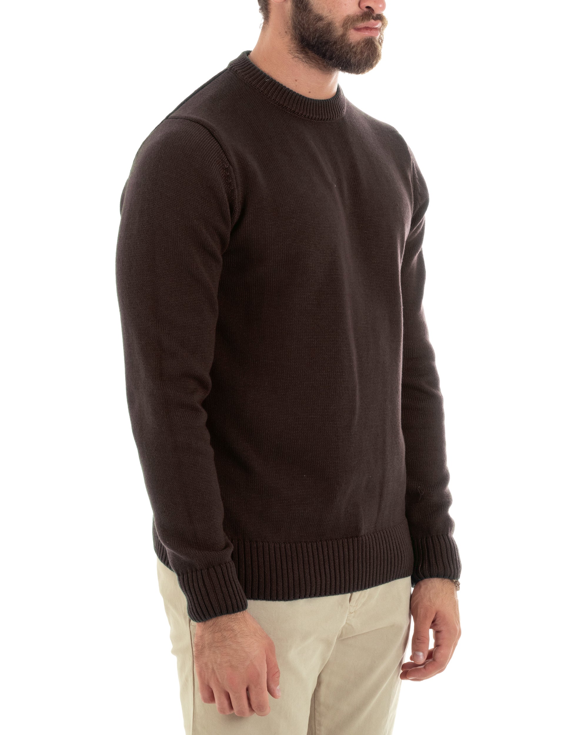 Maglioncino Uomo Girocollo Maglia Inglese Maglione Morbido Basic Tinta Unita Marrone GIOSAL-M3006A