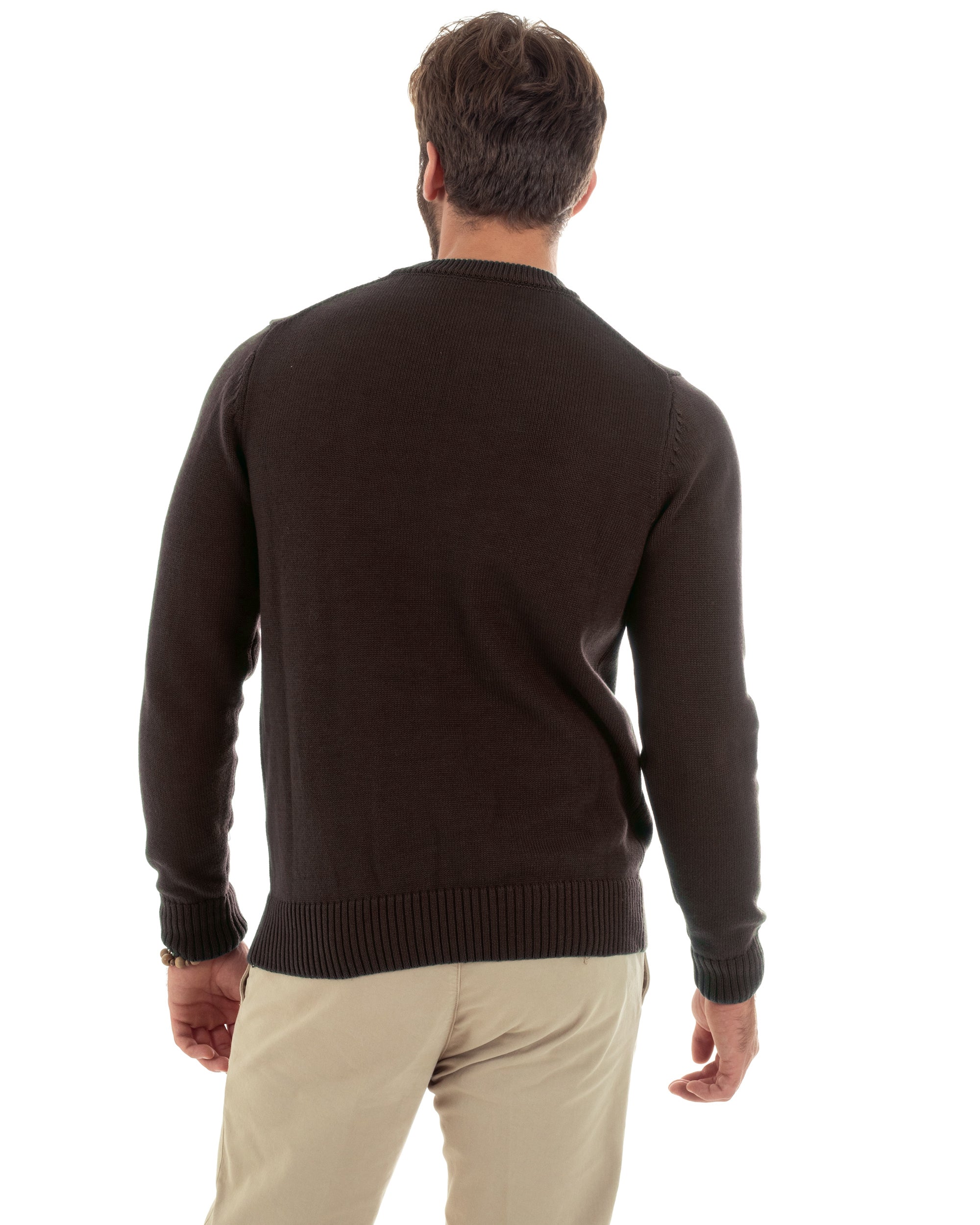 Maglioncino Uomo Girocollo Maglia Inglese Maglione Morbido Basic Tinta Unita Marrone GIOSAL-M3006A