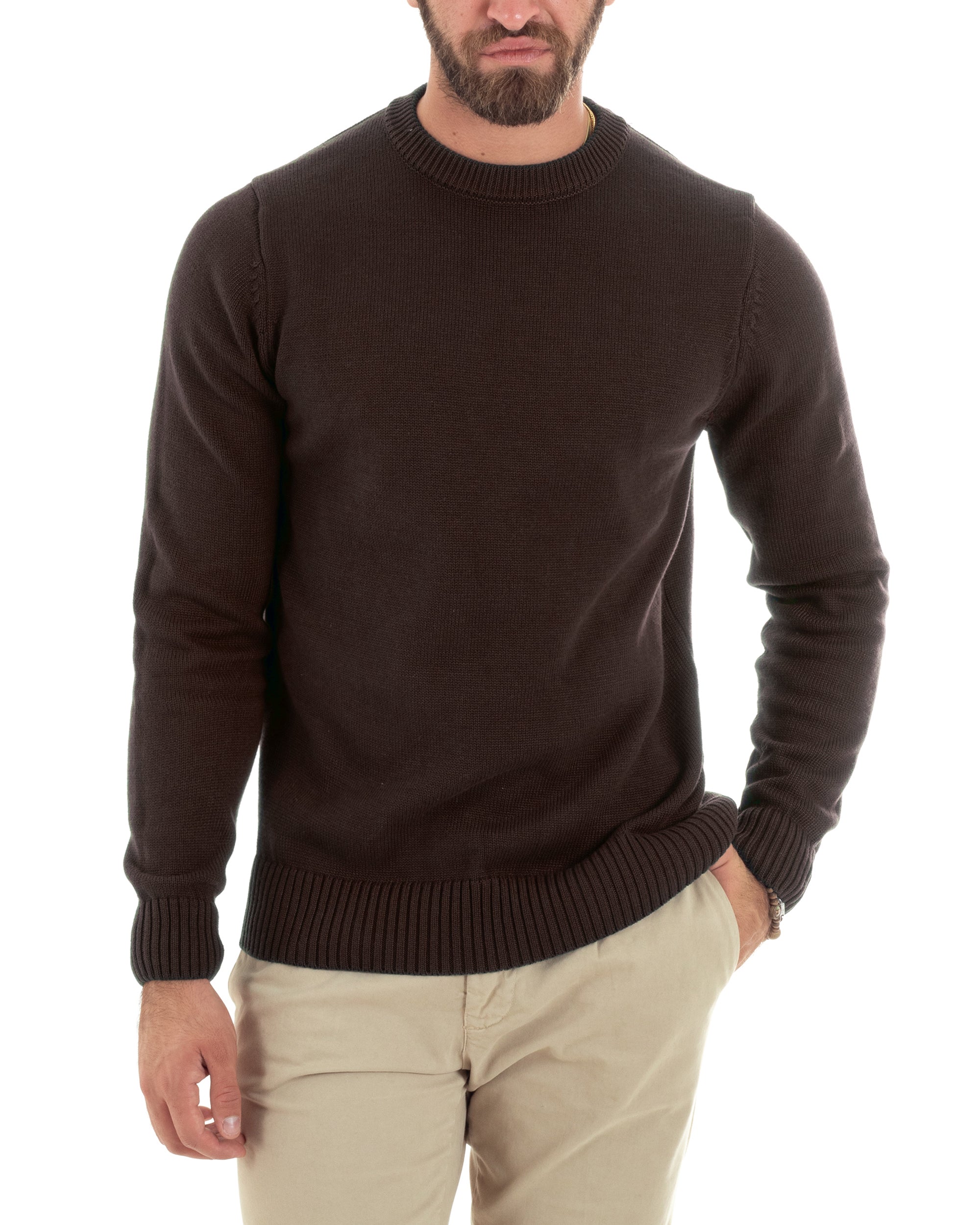 Maglioncino Uomo Girocollo Maglia Inglese Maglione Morbido Basic Tinta Unita Marrone GIOSAL-M3006A