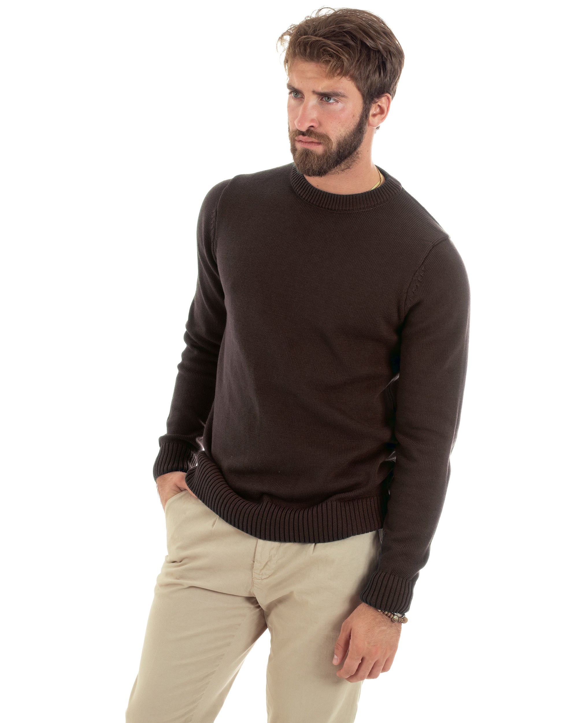 Maglioncino Uomo Girocollo Maglia Inglese Maglione Morbido Basic Tinta Unita Marrone GIOSAL-M3006A