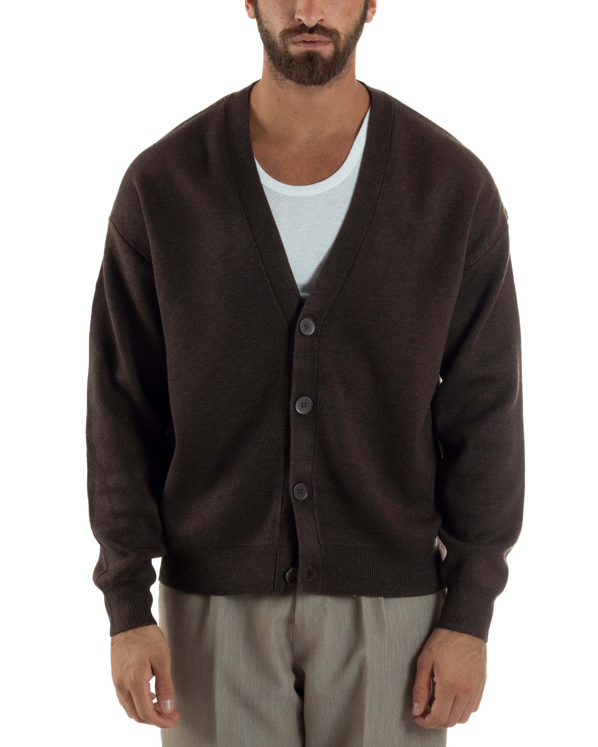 Cardigan Uomo Boxy Fit Cropped Maglia Lana Marrone M3008A