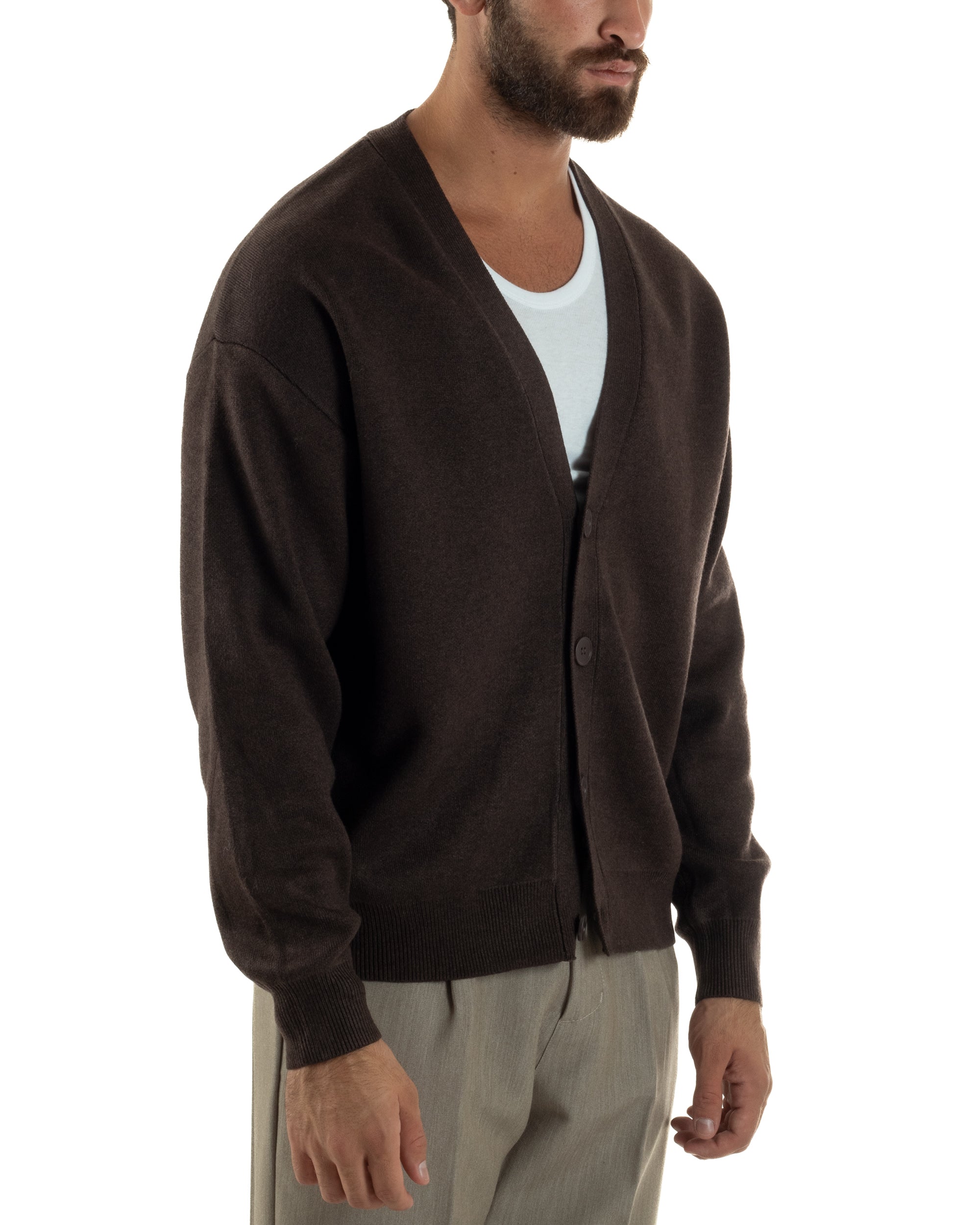 Cardigan Uomo Boxy Fit Cropped Maglia Lana Marrone M3008A